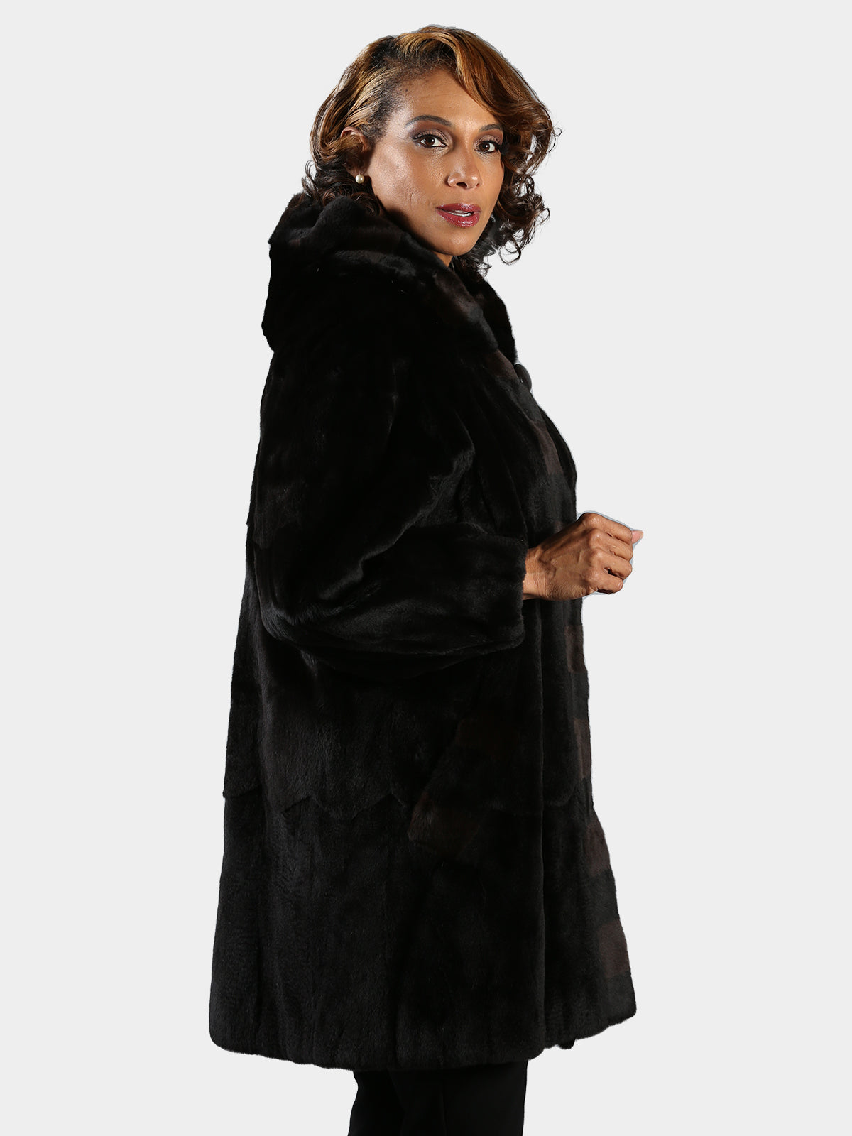Woman's Black Sheared Mink Fur Stroller with Hood