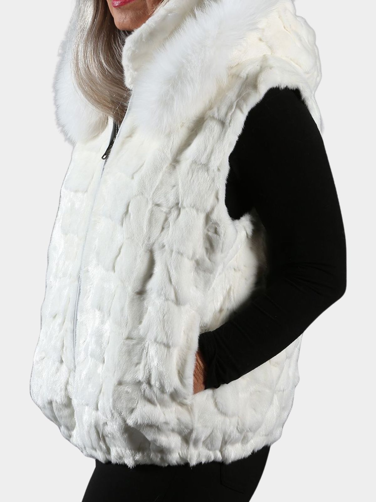 Woman's White Diamond Mink Fur Vest with Dyed to Match Fox Trimmed Hoo