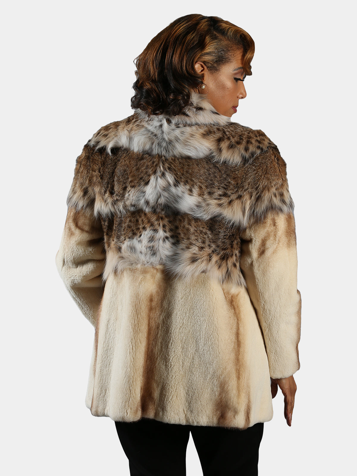 Woman's Golden White Semi Sheared Mink Fur Jacket with Cat Lynx Bodice