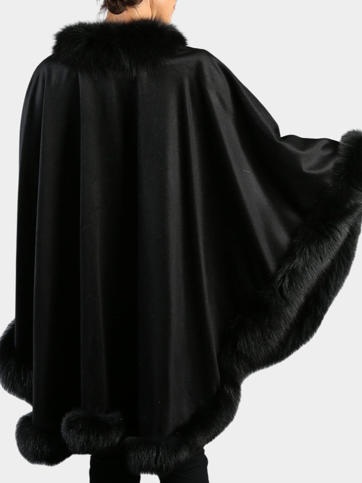 Woman's Black Cashmere Wool Cape with Matching Fox Trim