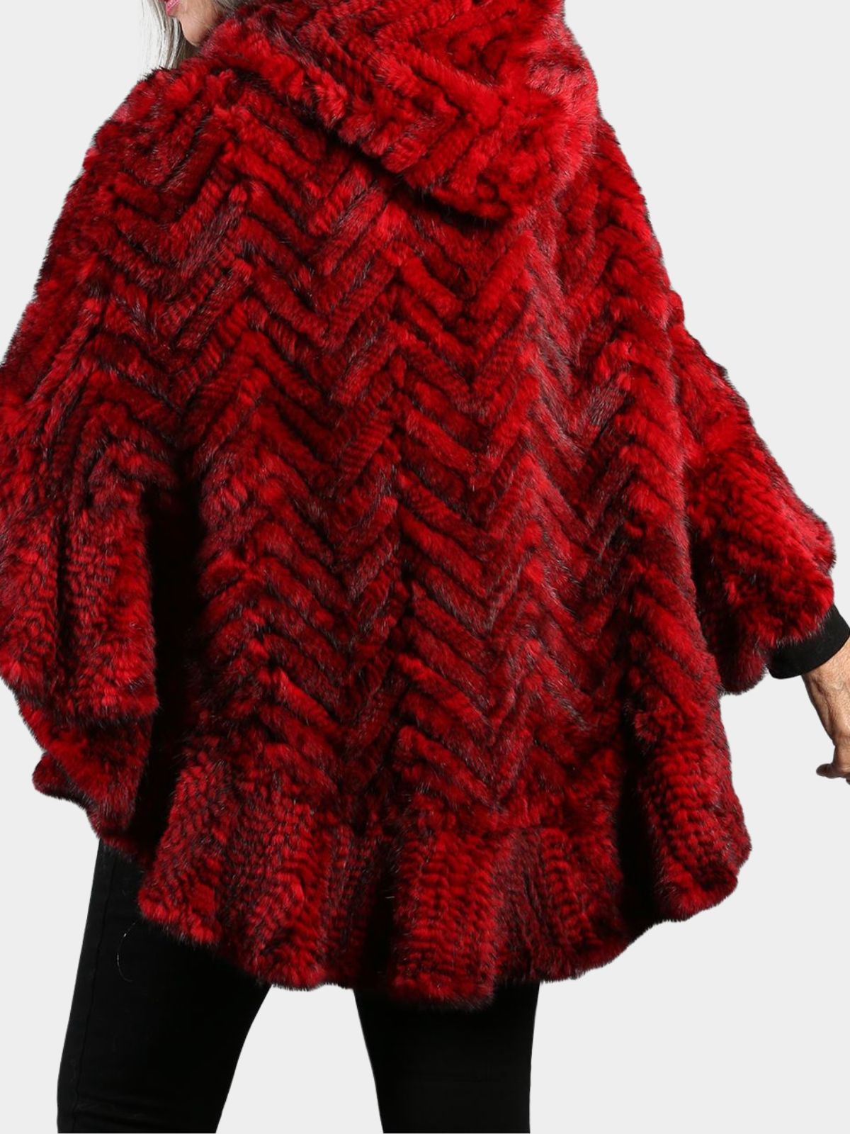 Woman's Red Knitted Mink Fur Zipper Poncho with Hood