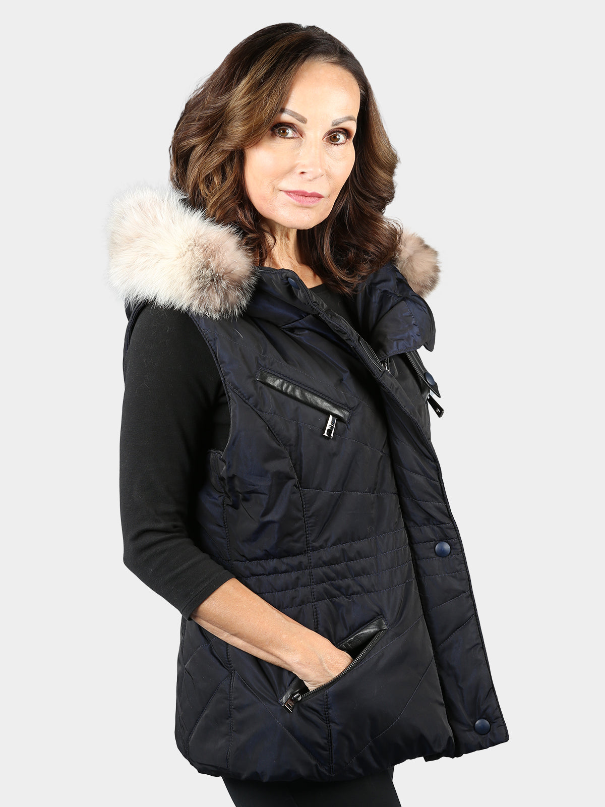 Woman's Gorski Navy Fabric Vest with Fox Fur Trimmed Hood