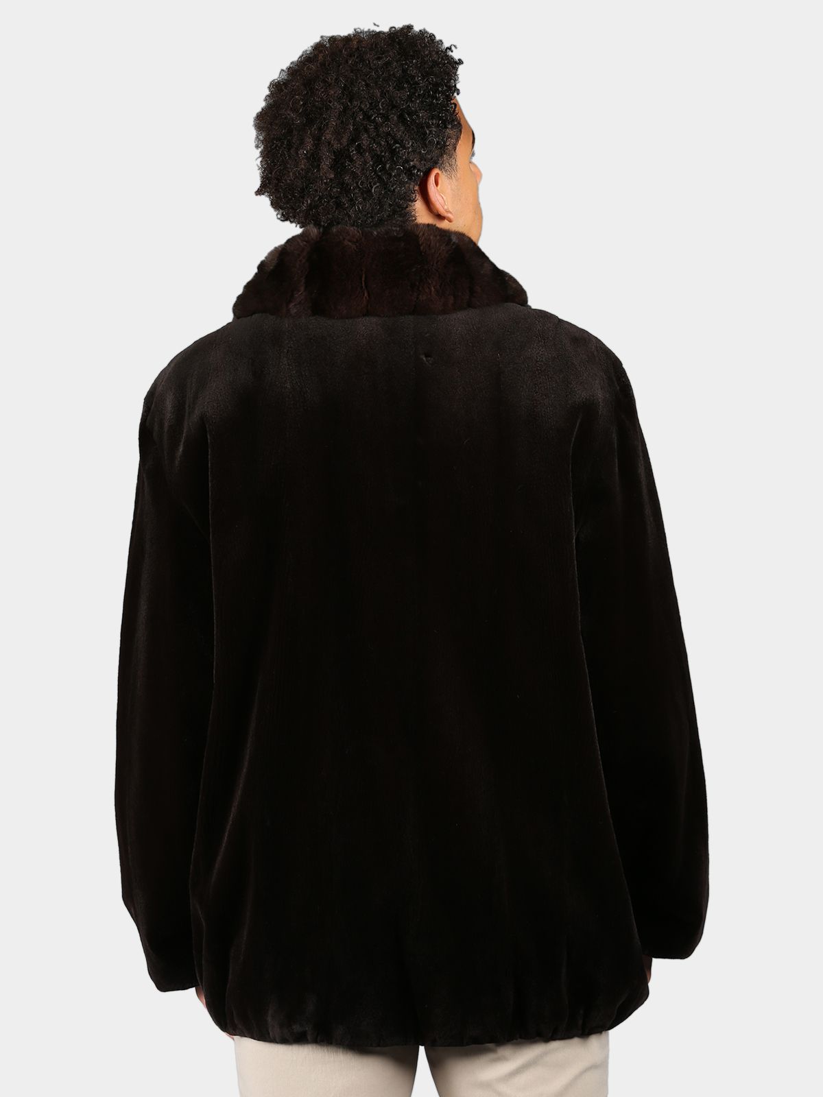 Man's Plus Size Dyed  Dark Brown Sheared Mink Fur Jacket with Chinchilla Collar