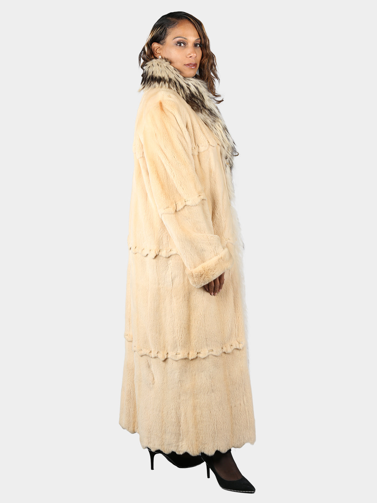 Woman's Light Gold Dyed Sheared Mink Fur Coat with Finn Raccoon Tuxedo / Reverses to Gold Rain Taffeta
