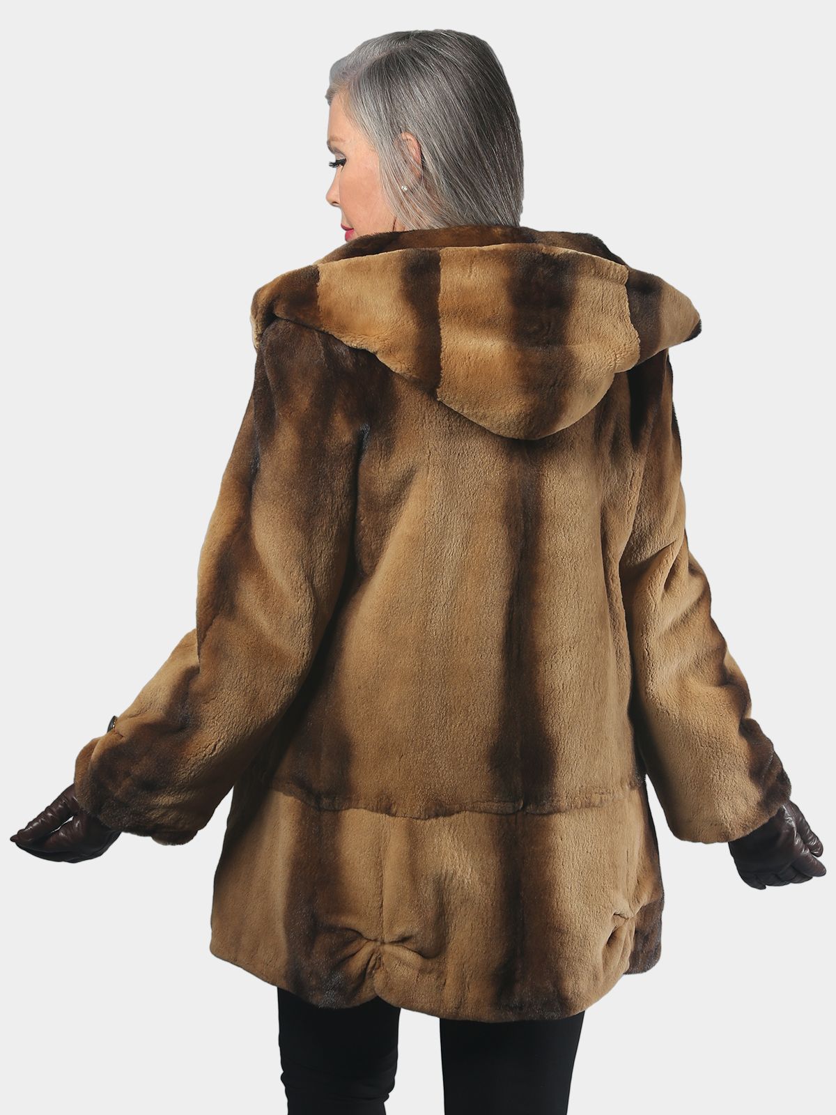 Woman's Bleached Mahogany Degrade Sheared Mink Fur Parka with Double Fur Hood