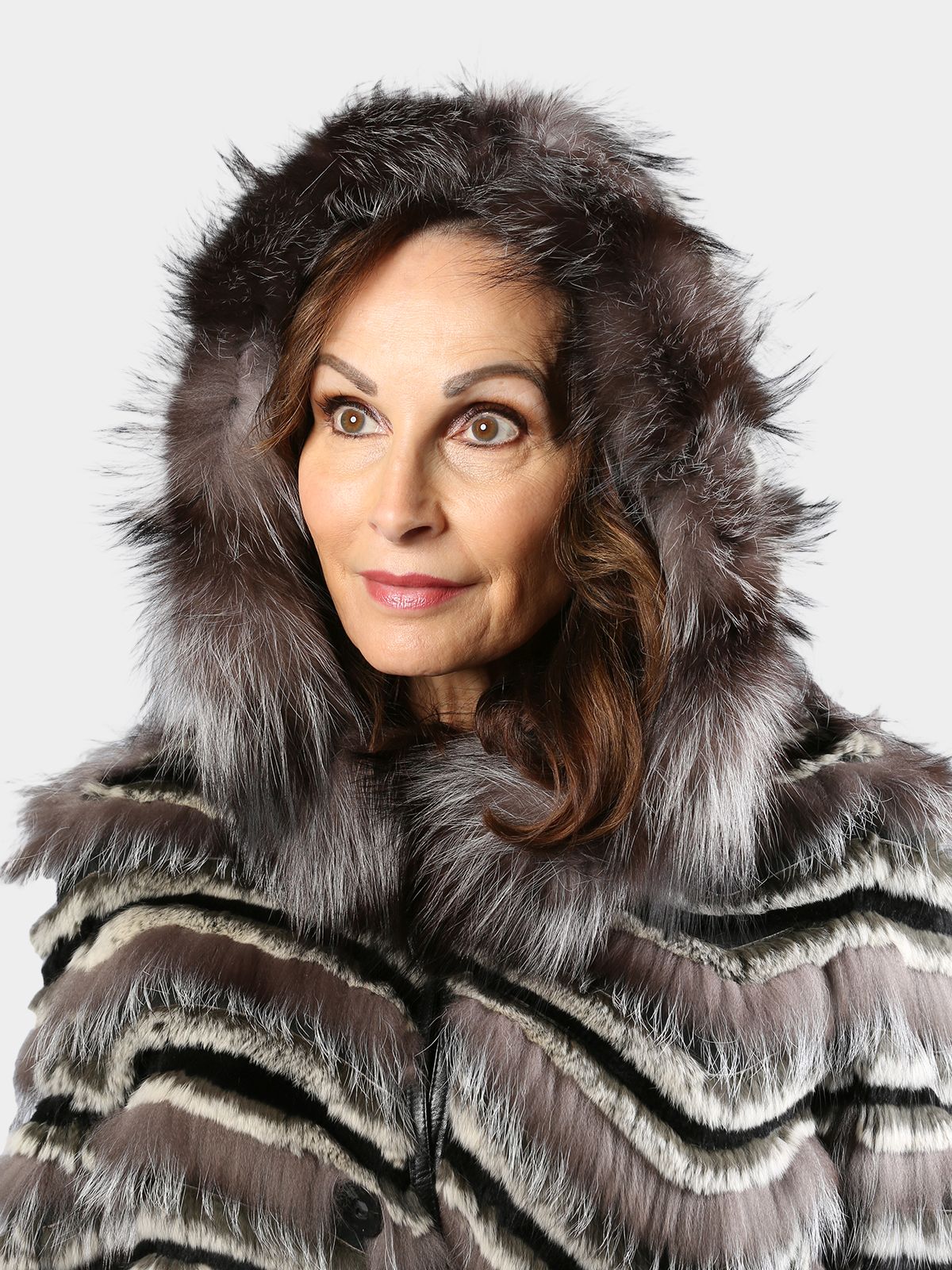 Woman's Black Grey and White Fox and Rex Rabbit Fur Stroller with Hood and Leather Belt
