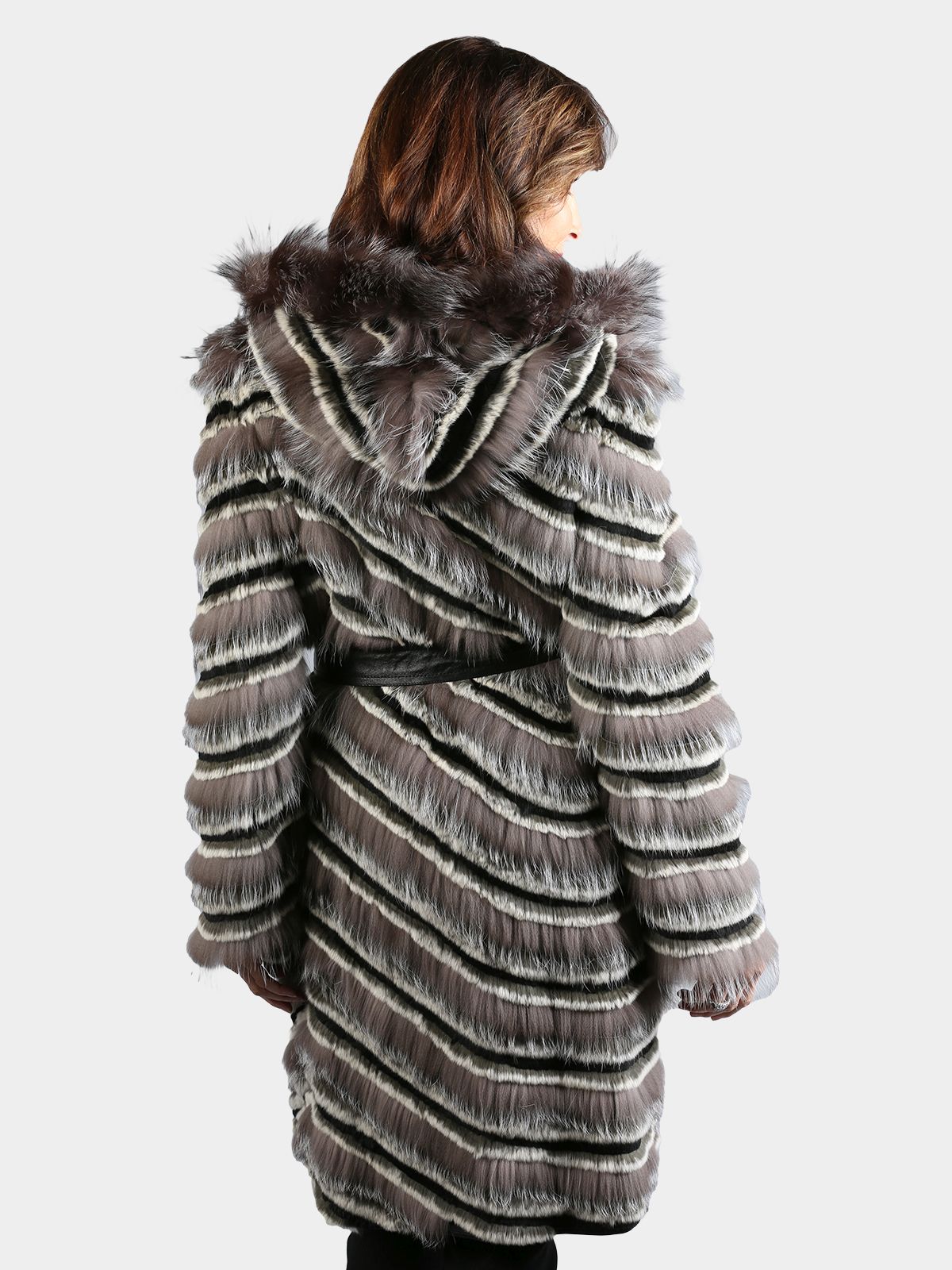 Woman's Black Grey and White Fox and Rex Rabbit Fur Stroller with Hood and Leather Belt