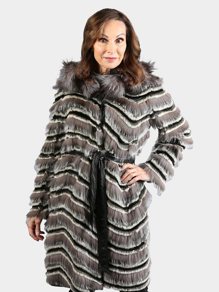 Woman's Black Grey and White Fox and Rex Rabbit Fur Stroller with Hood