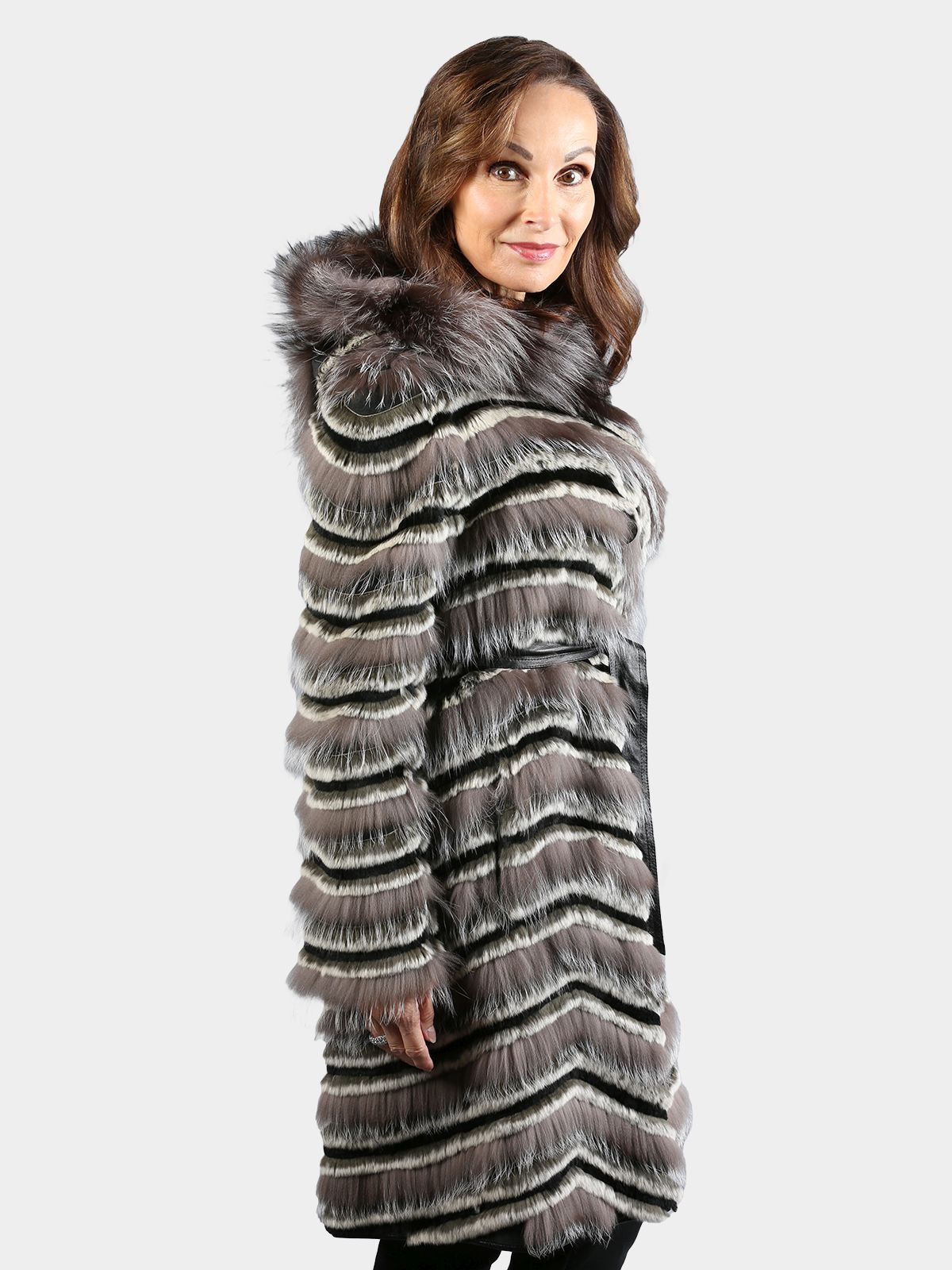 Woman's Black Grey and White Fox and Rex Rabbit Fur Stroller with Hood and Leather Belt