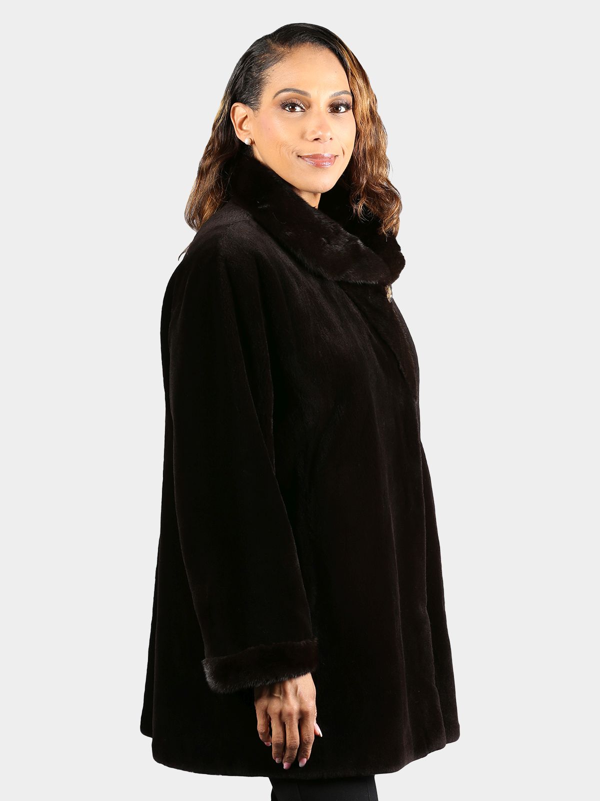 Woman's Gorski Dyed Brown Sheared Mink Fur Stroller Reversing to Rain Taffeta