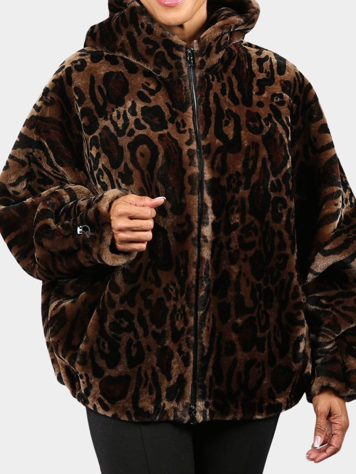 Woman's Leopard Print Hooded Shearling Jacket
