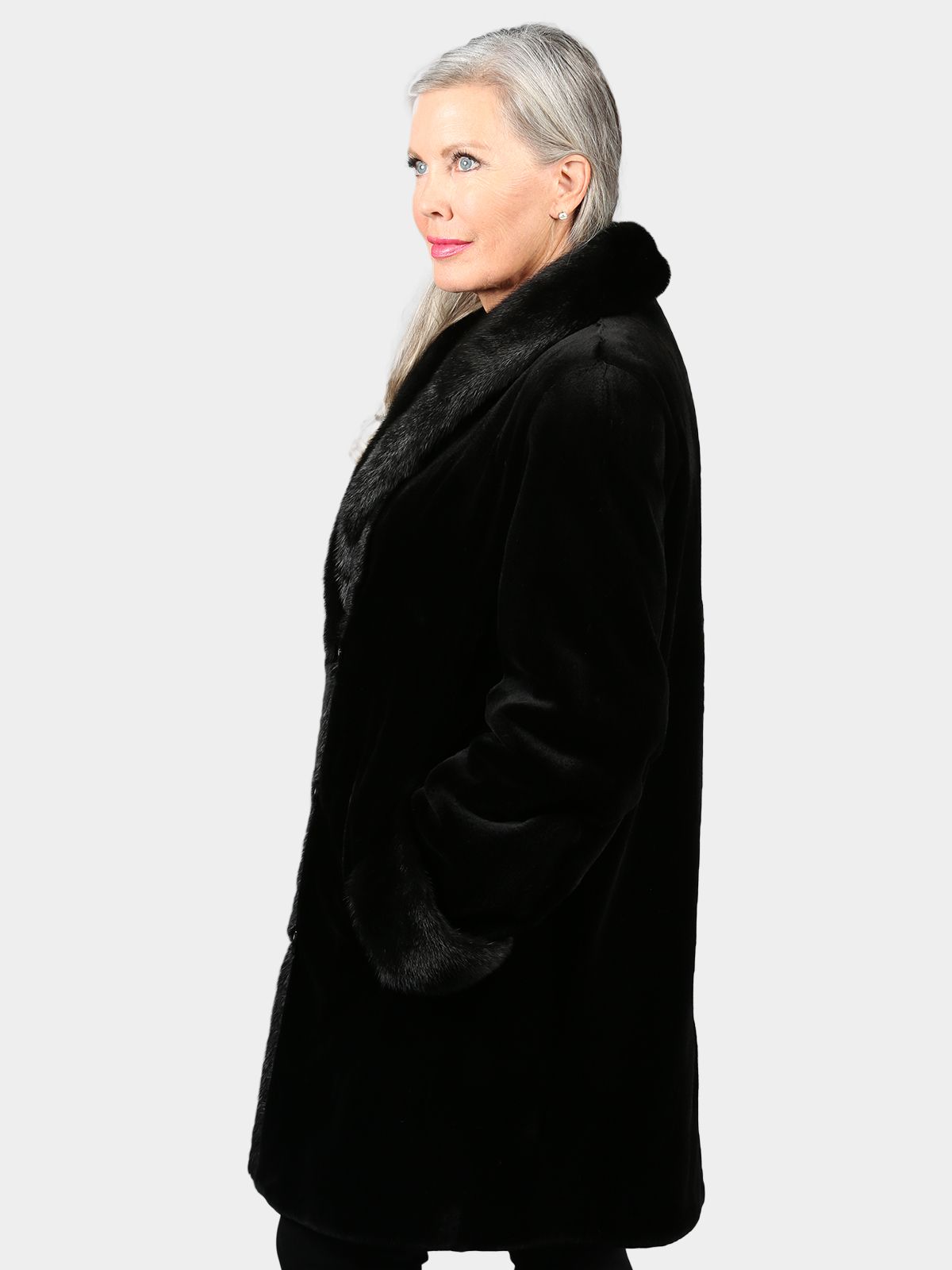 Woman's Dyed Black Sheared Mink Fur Stroller Reversible to Black Rain Taffeta