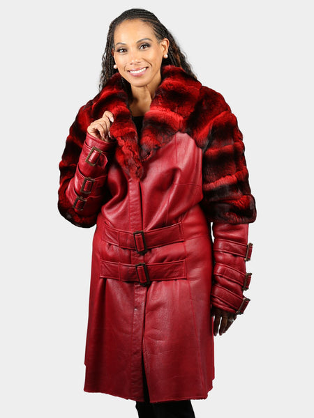 Woman's Dyed Vintage Red Shearling Lamb Coat with Dyed to Match Chinch