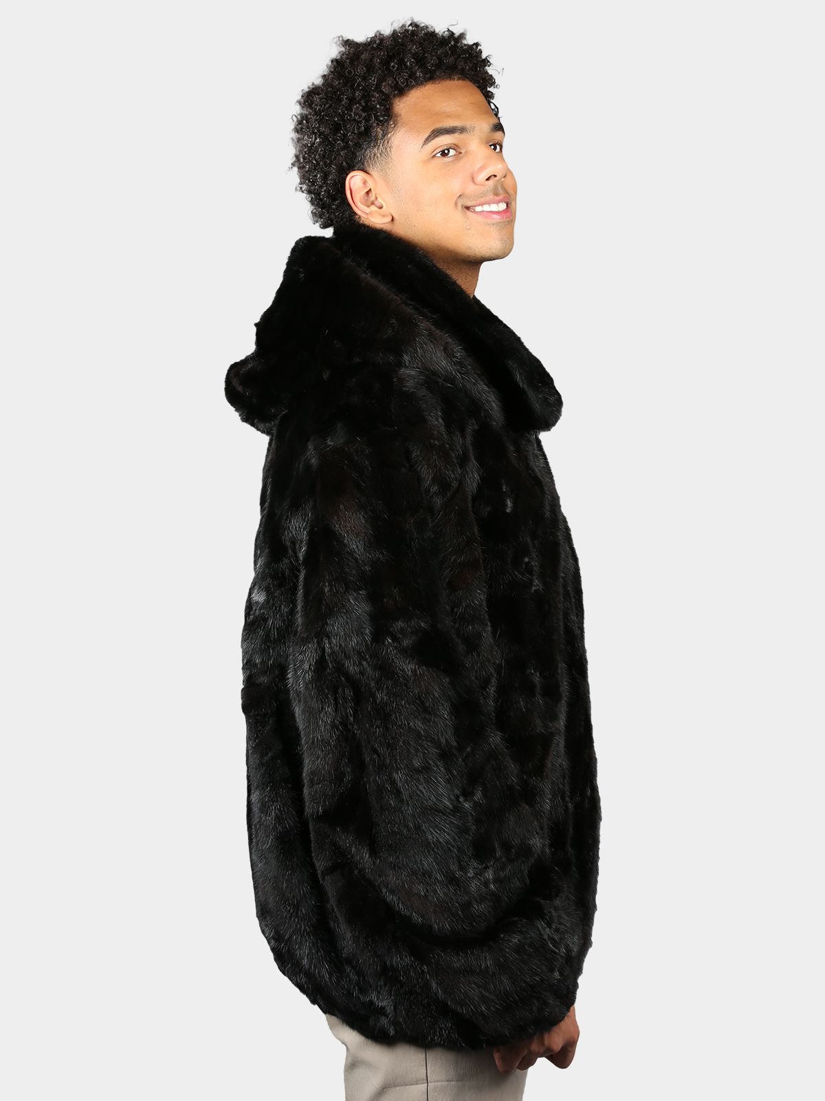 Man's Natural Ranch Sculptured Mink Fur Jacket with Detachable Hood