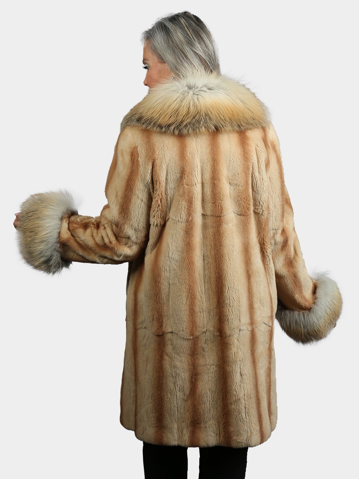 Woman's Gold Sheared Mink Fur Stroller with Golden Isle Fox Trim