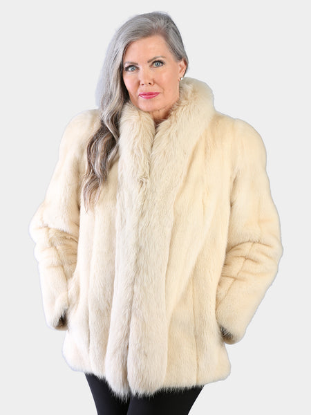 Women's Natural Cream Mink Fur Jacket with Matching Fox Tuxedo Front