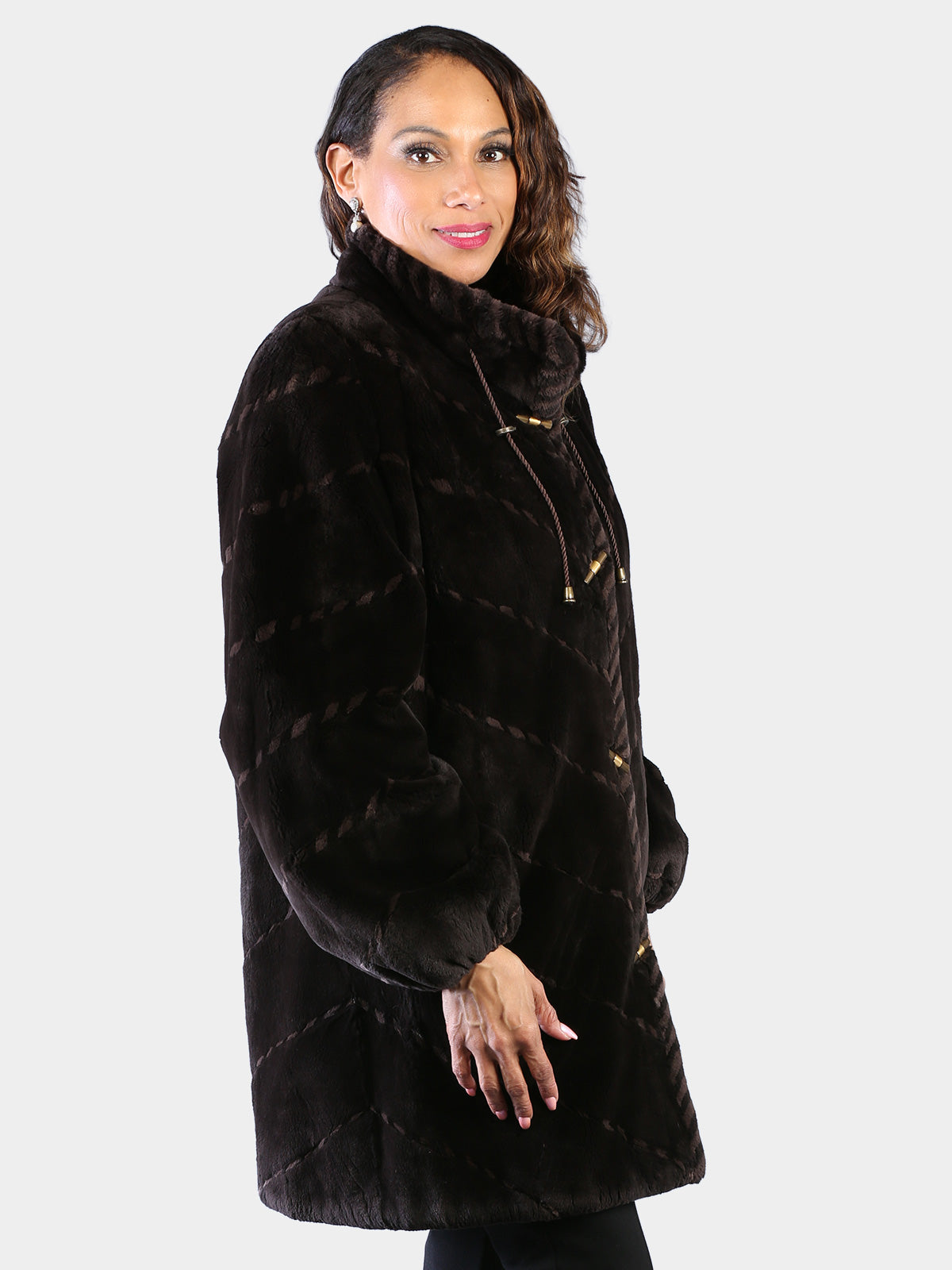 Woman's Dyed Brown Sheared Beaver Fur Stroller with Light Tan Sheared Beaver Inserts