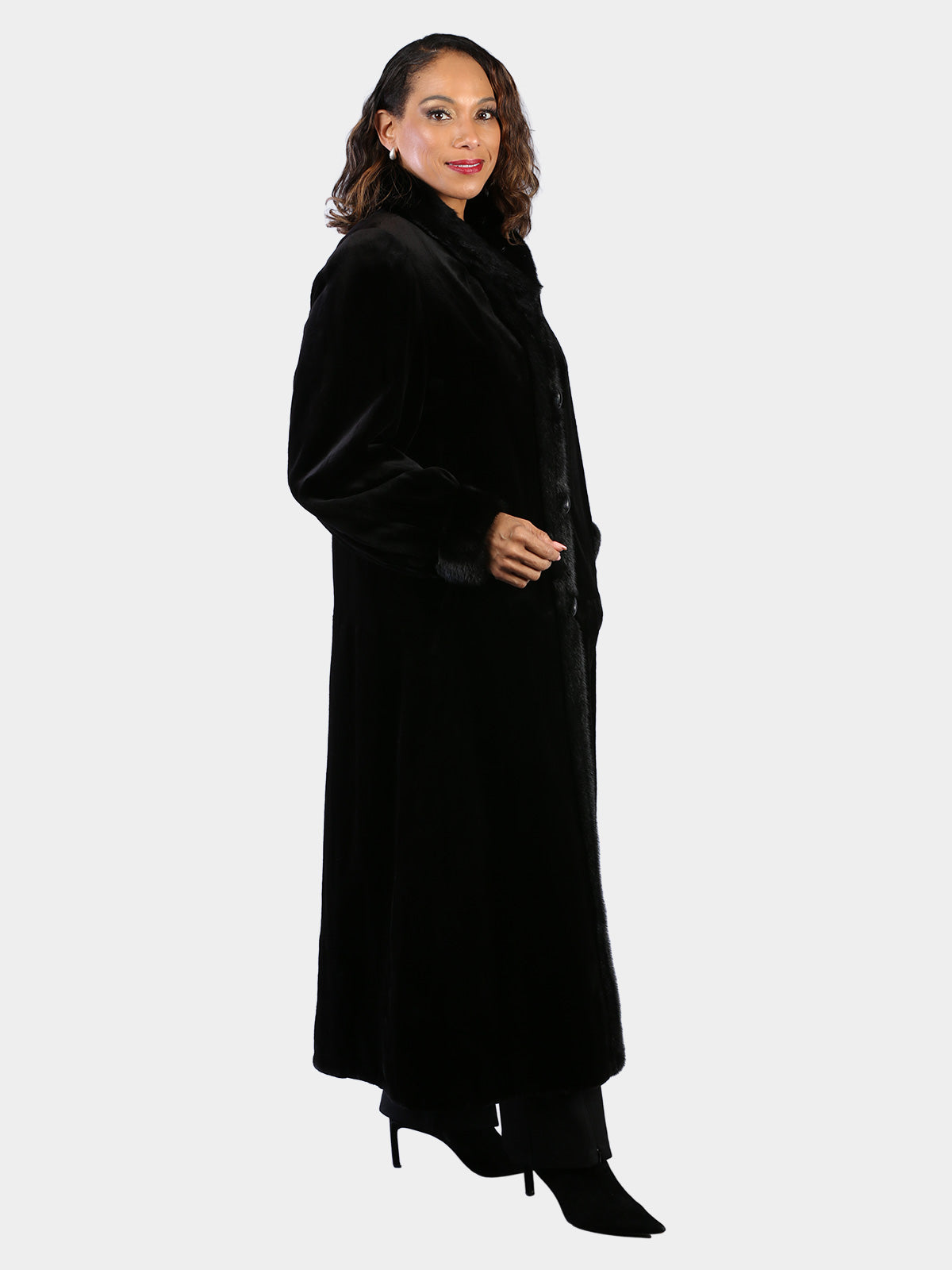 Woman's Dyed Black Sheared Mink Fur Coat Reversing to Rain Taffeta
