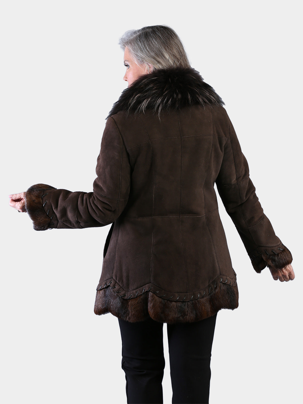 Woman's Dyed Brown Shearling Lamb Fur Jacket with Finn Raccoon Trim