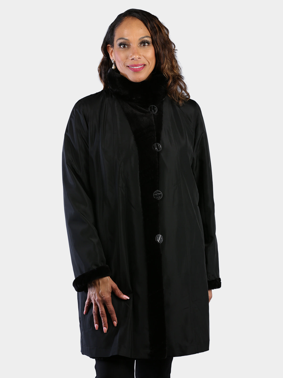 Woman's Dyed Black Sheared Mink Fur Stroller Reversing to Black Rain Taffeta