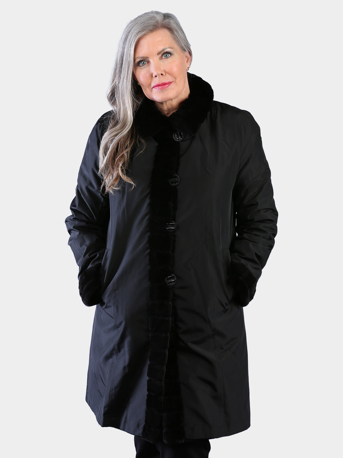 Woman's Dyed Black Semi Sheared Mink Fur Stroller Reversible to Rain Taffeta