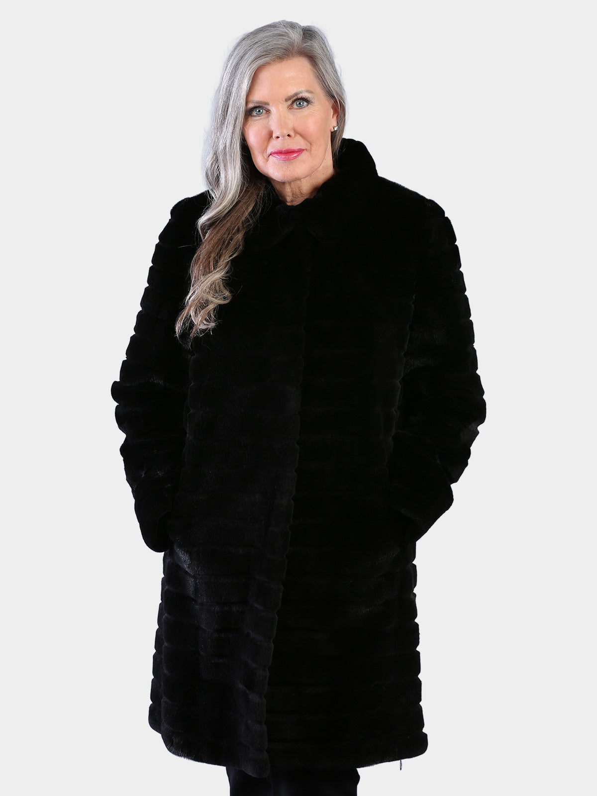 Woman's Dyed Black Semi Sheared Mink Fur Stroller Reversible to Rain Taffeta