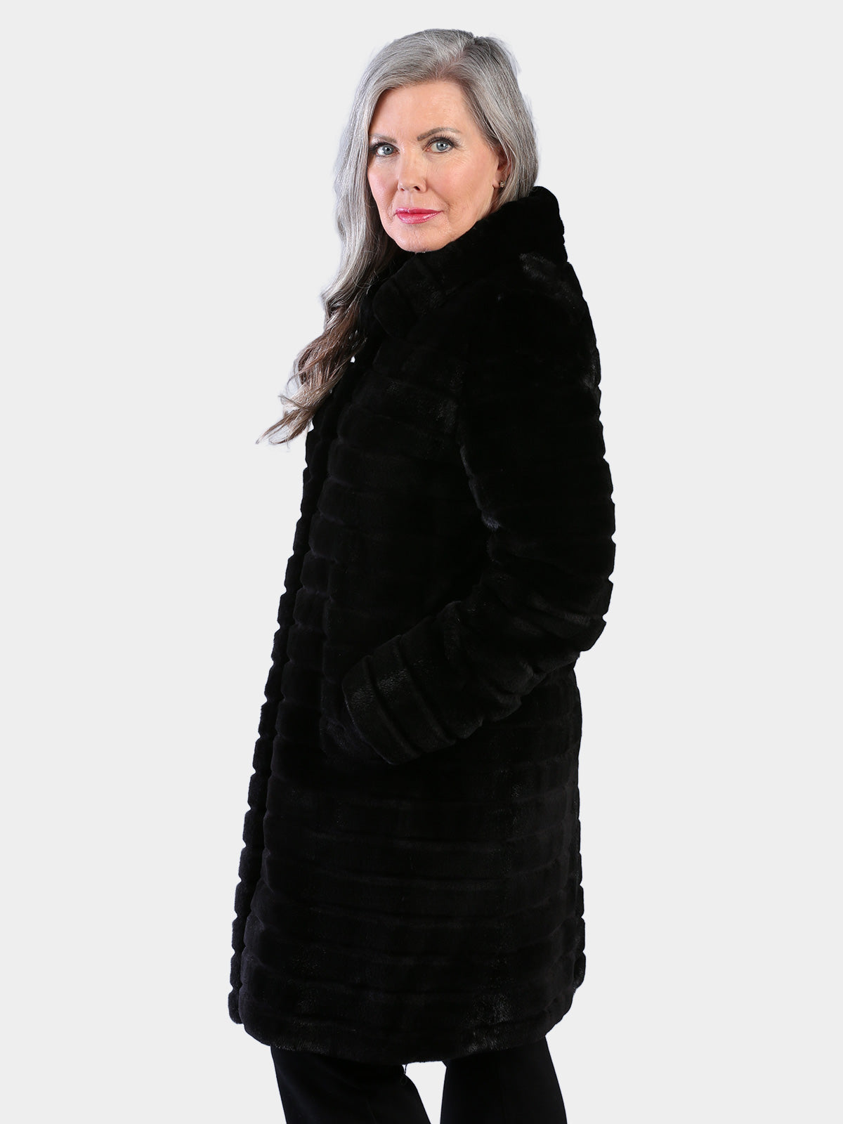 Woman's Dyed Black Semi Sheared Mink Fur Stroller Reversible to Rain Taffeta