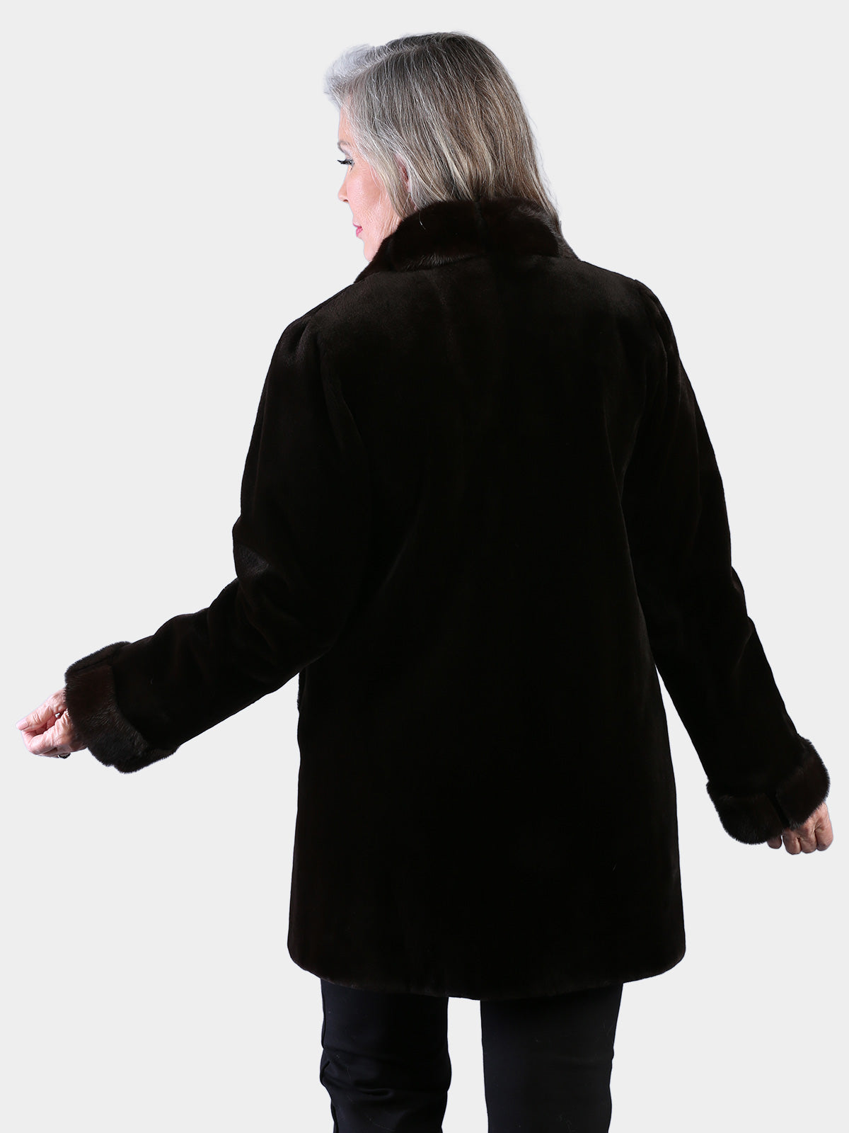 Woman's Dyed Dark Brown Sheared Mink Fur Stroller Reversing to Rain Taffeta