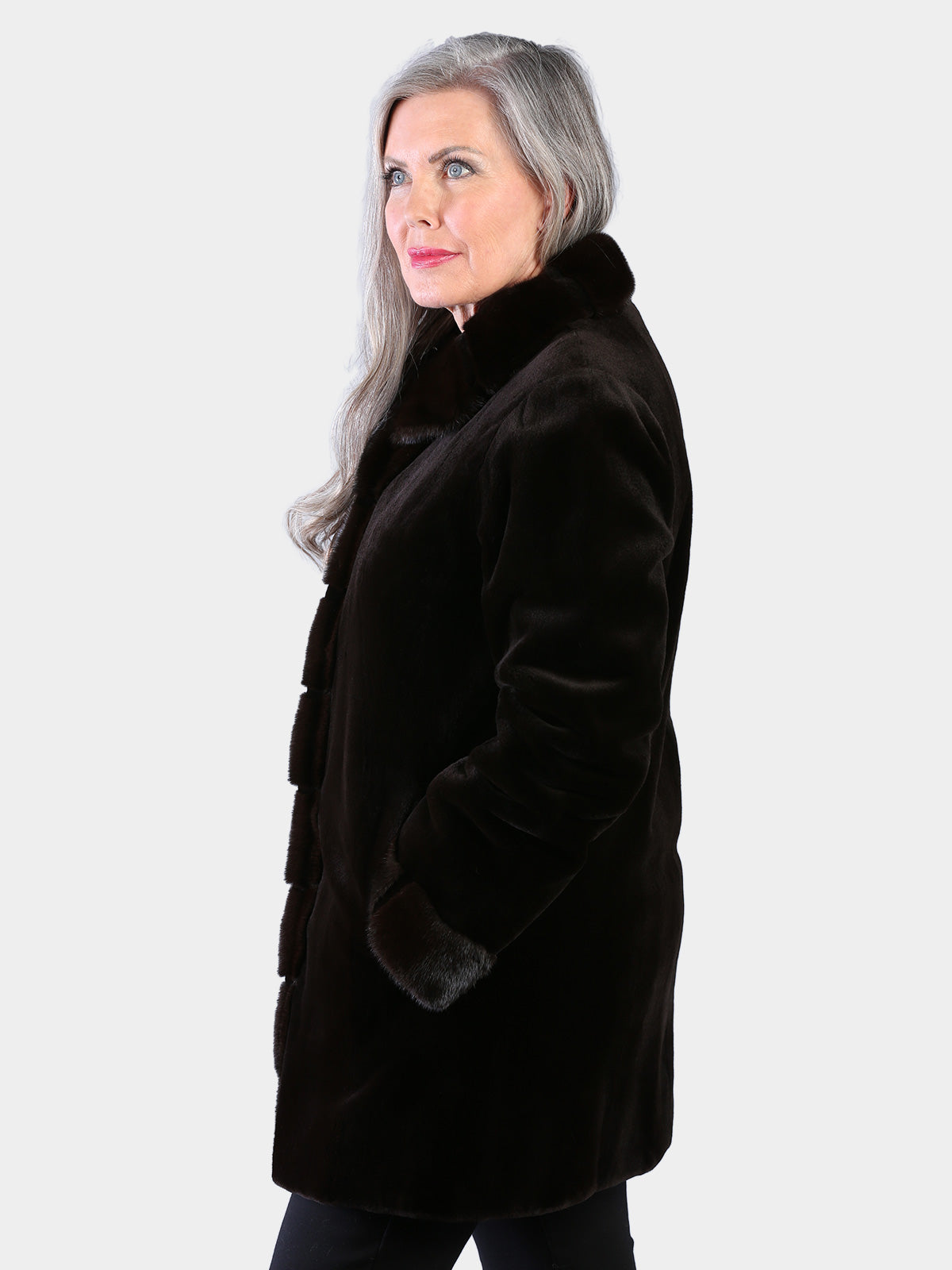 Woman's Dyed Dark Brown Sheared Mink Fur Stroller Reversing to Rain Taffeta