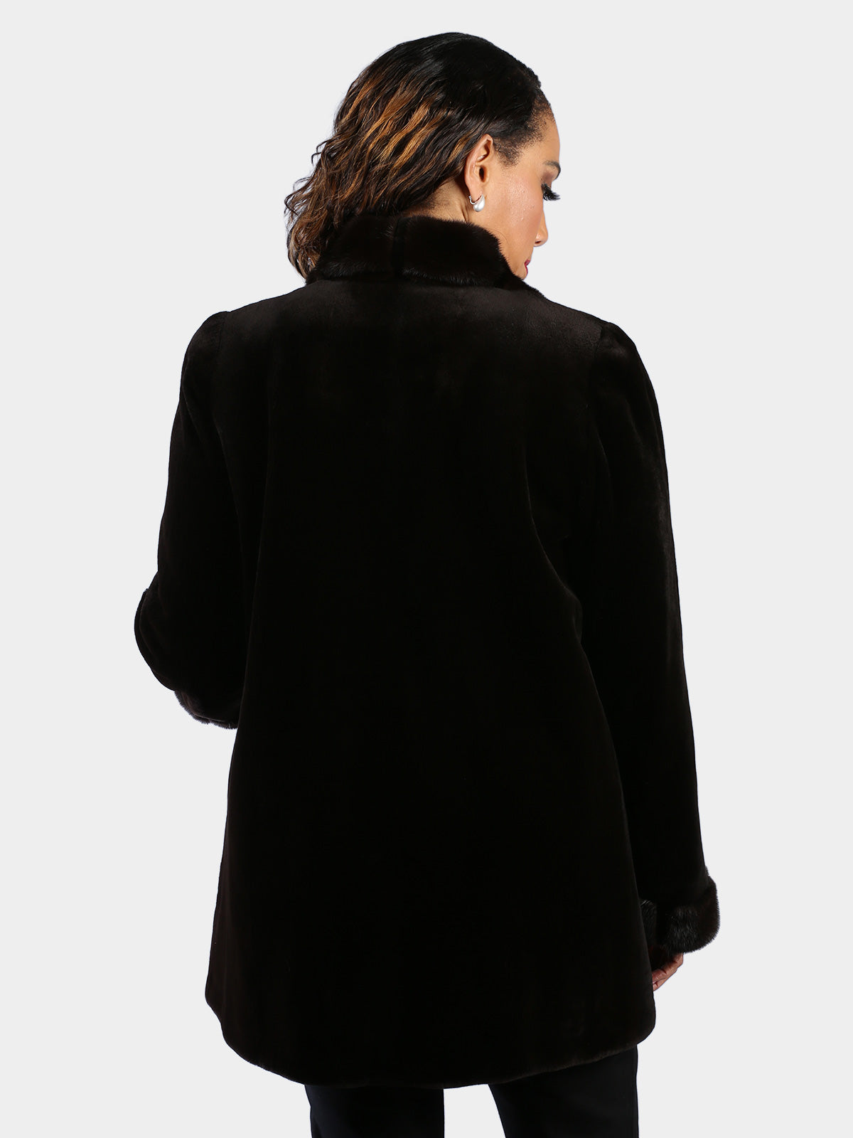 Woman's Dyed Dark Brown Sheared Mink Fur Stroller Reversing to Rain Taffeta