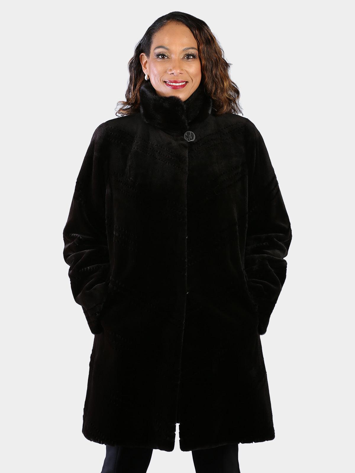 Woman's Dyed Dark Brown Sheared Mink Fur Stroller Reversing to Rain Taffeta
