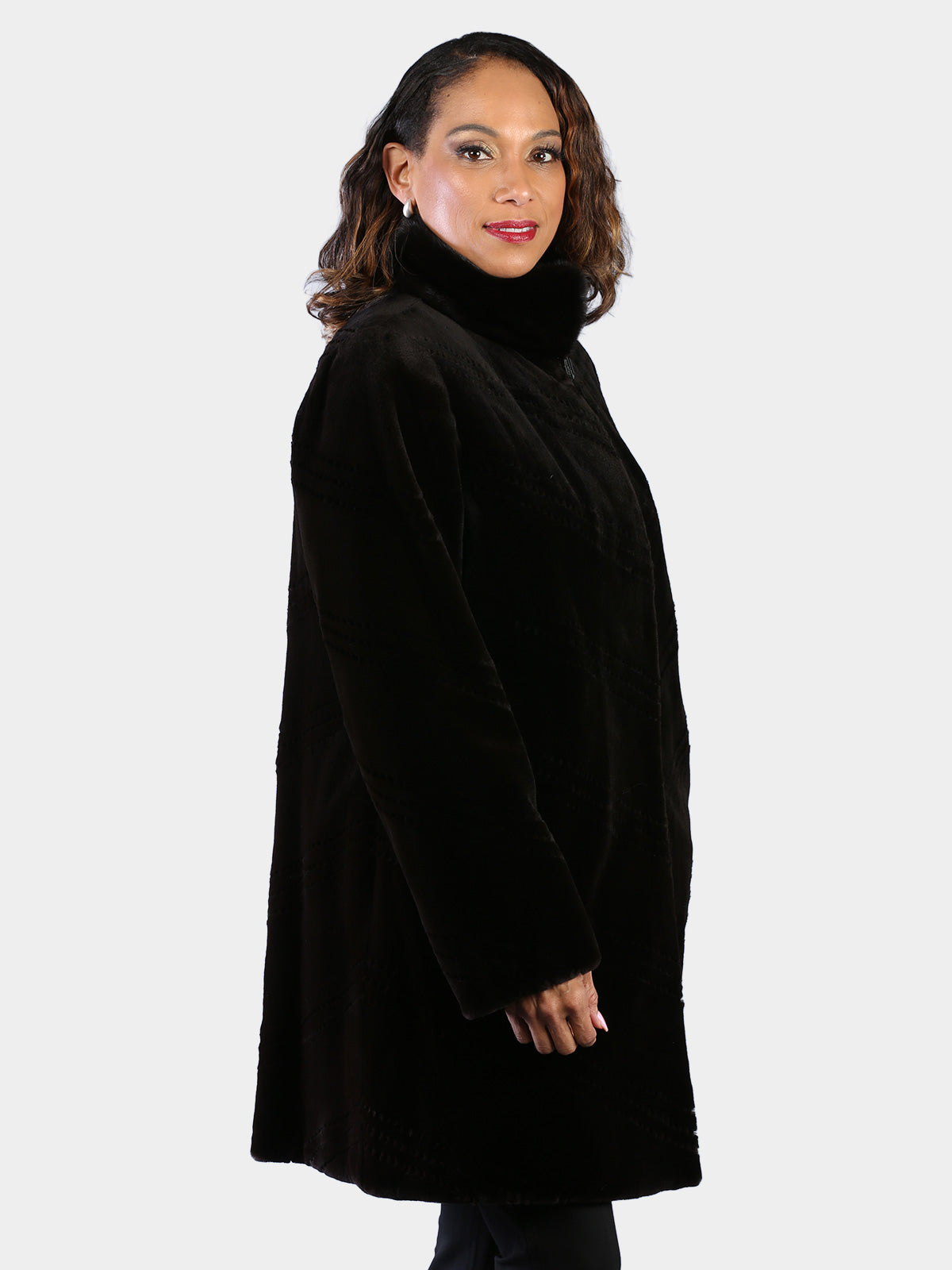 Woman's Dyed Dark Brown Sheared Mink Fur Stroller Reversing to Rain Taffeta