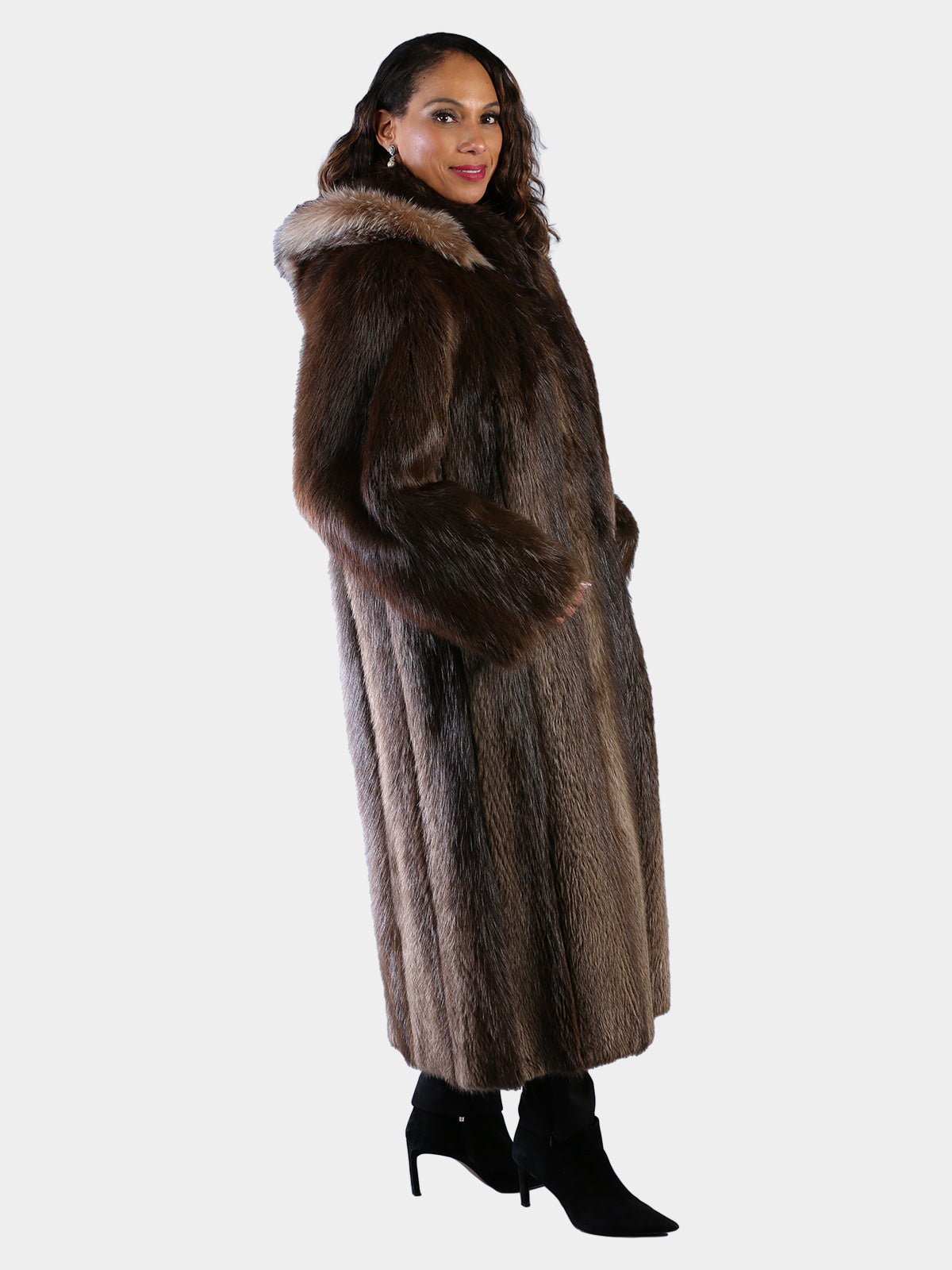 Woman's Natural Medium Tone Long Hair Beaver Fur Coat with Detachable Hood