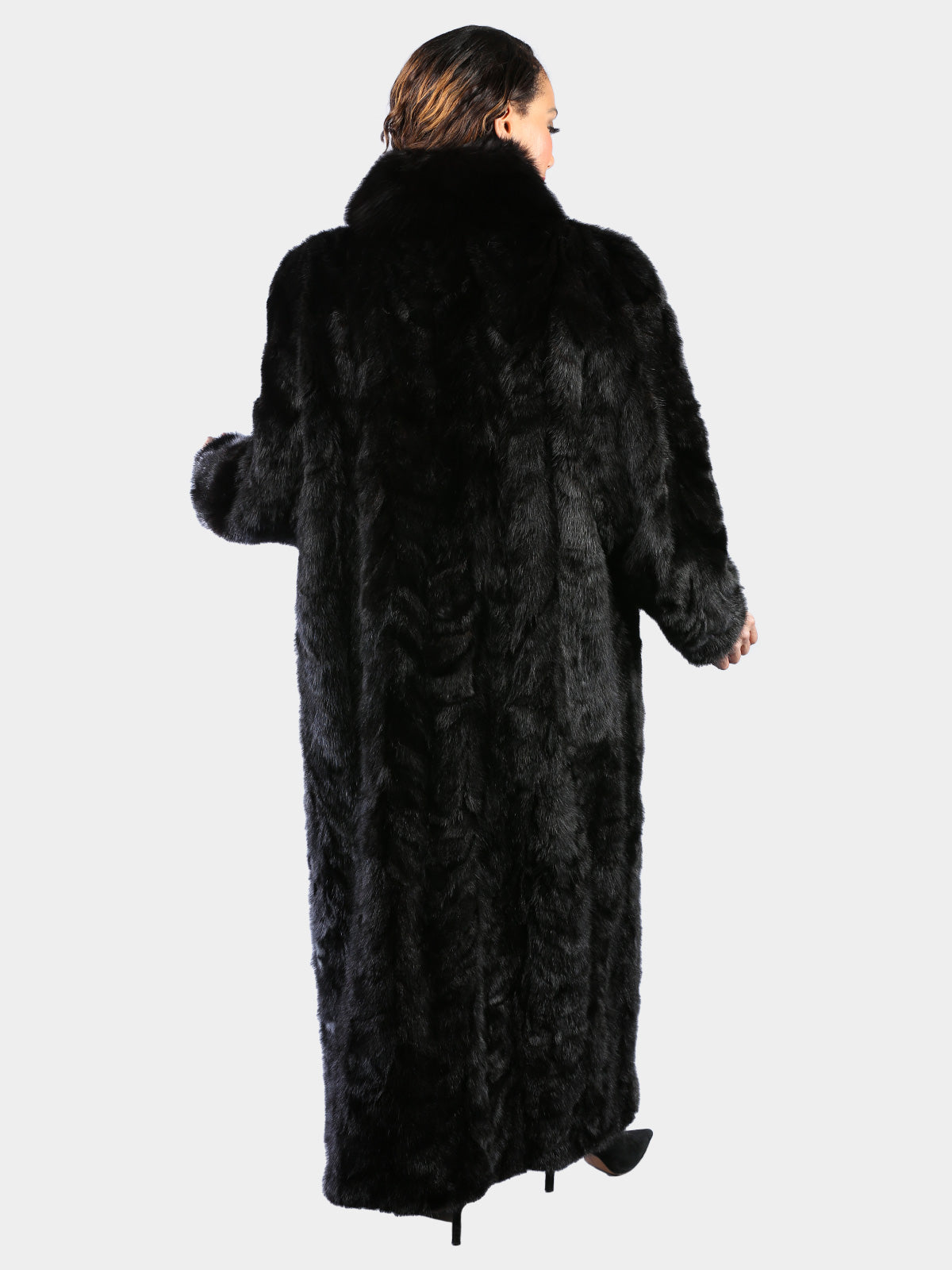 Woman's Dyed Black Sculptured Mink Fur Coat with Fox Tuxedo Front