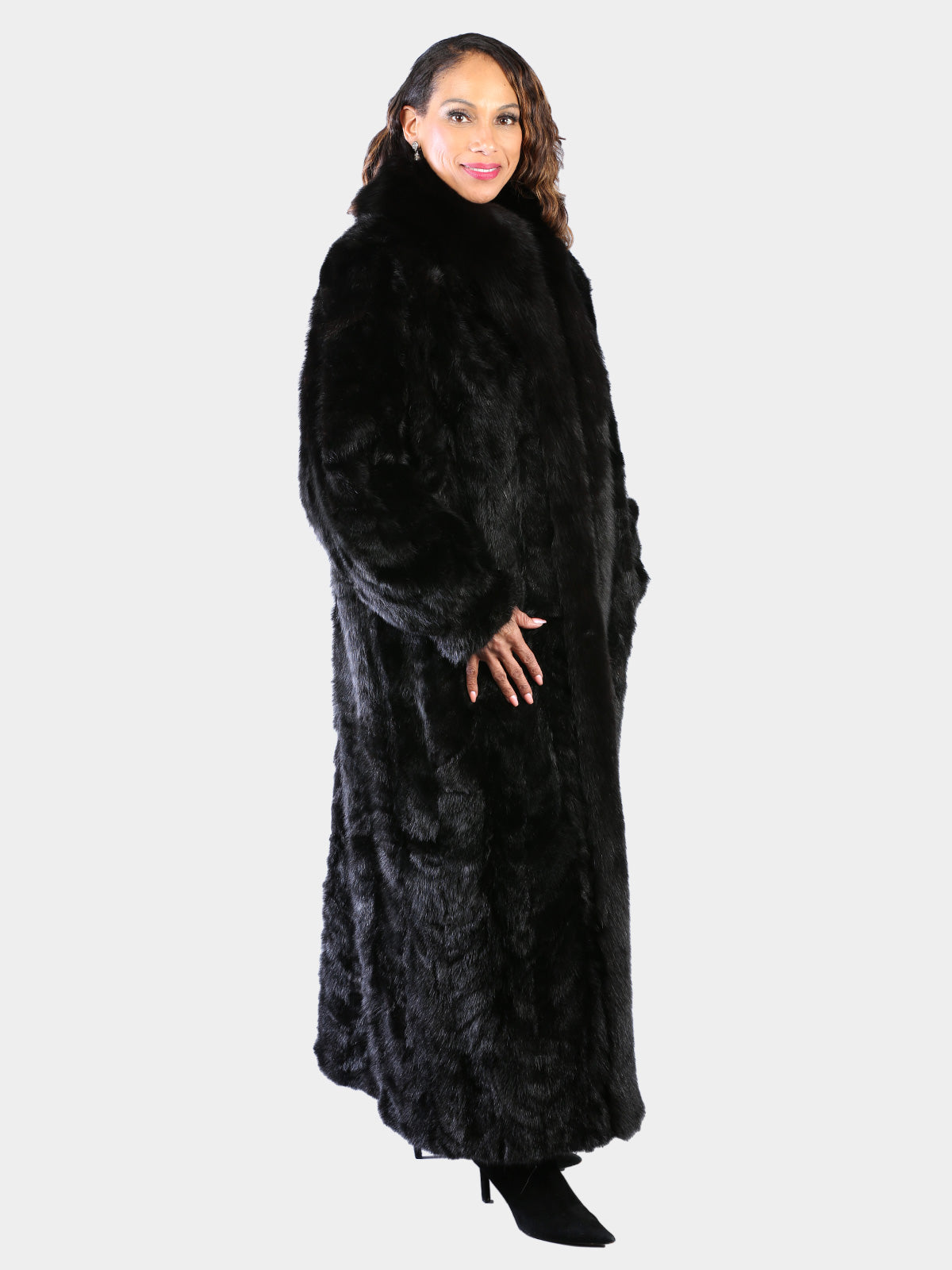 Woman's Dyed Black Sculptured Mink Fur Coat with Fox Tuxedo Front