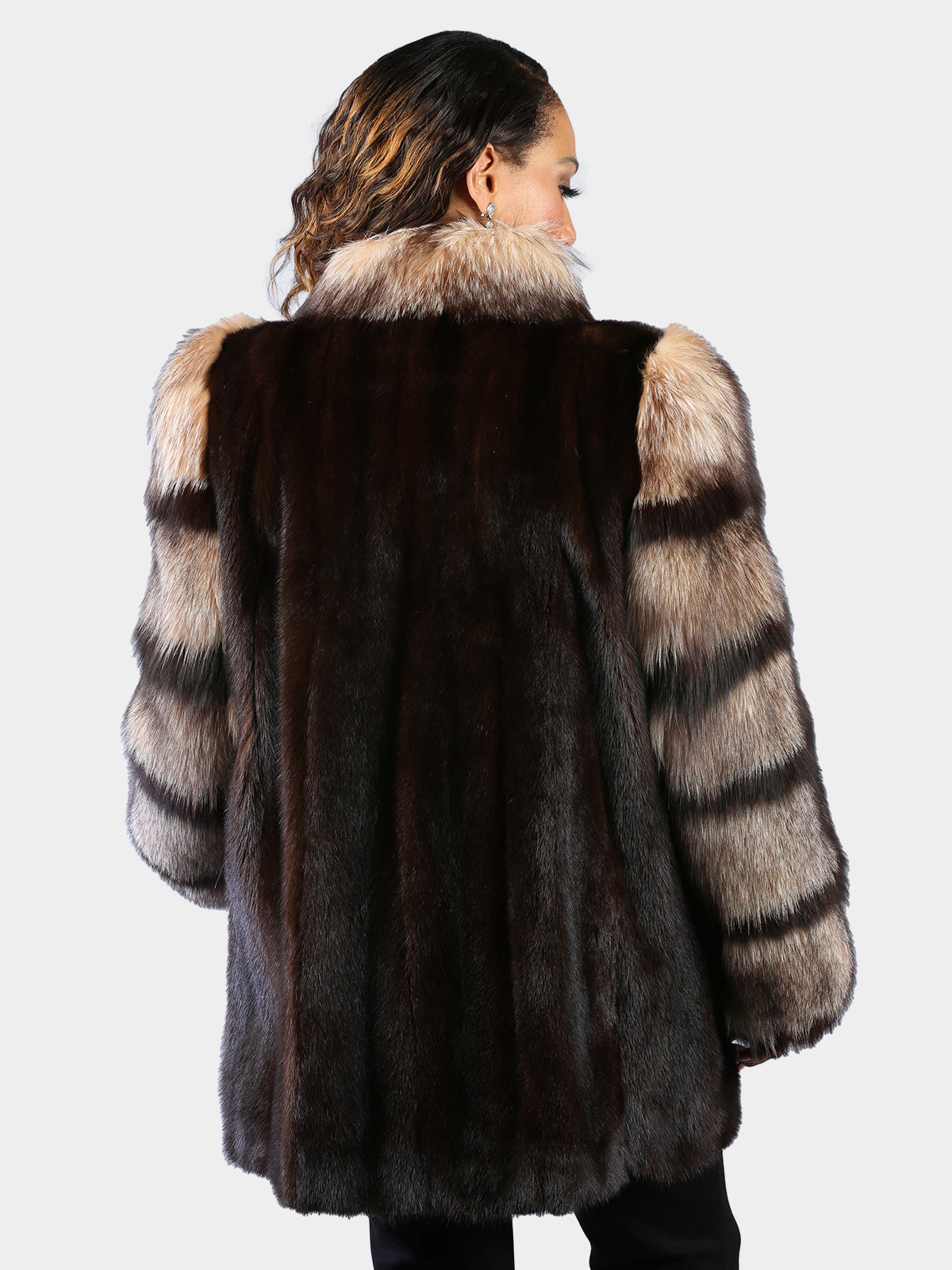Woman's Natural Mahogany Mink Fur Stroller with Crystal Fox Tuxedo Front and Sleeves