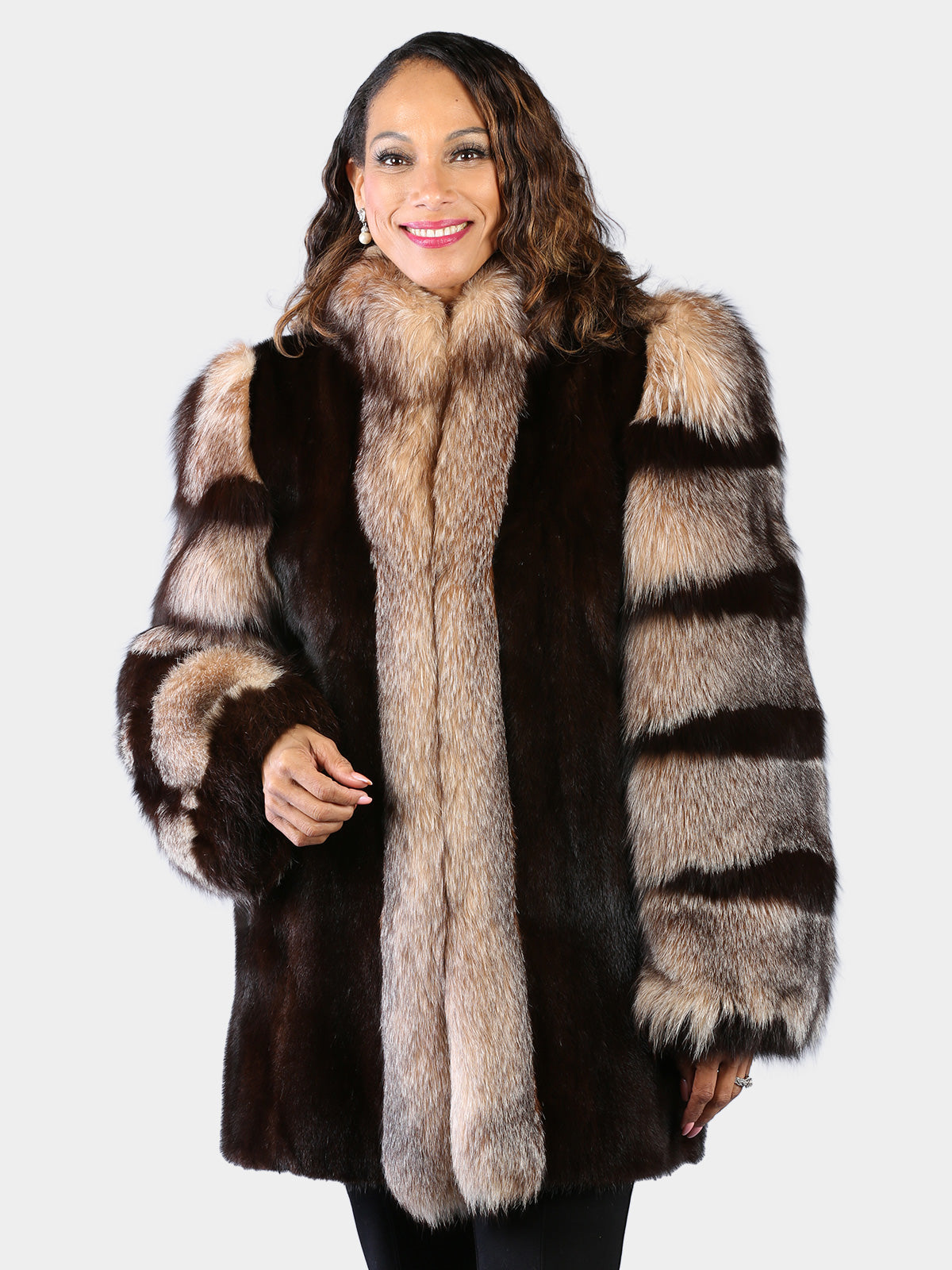 Woman's Natural Mahogany Mink Fur Stroller with Crystal Fox Tuxedo Front and Sleeves