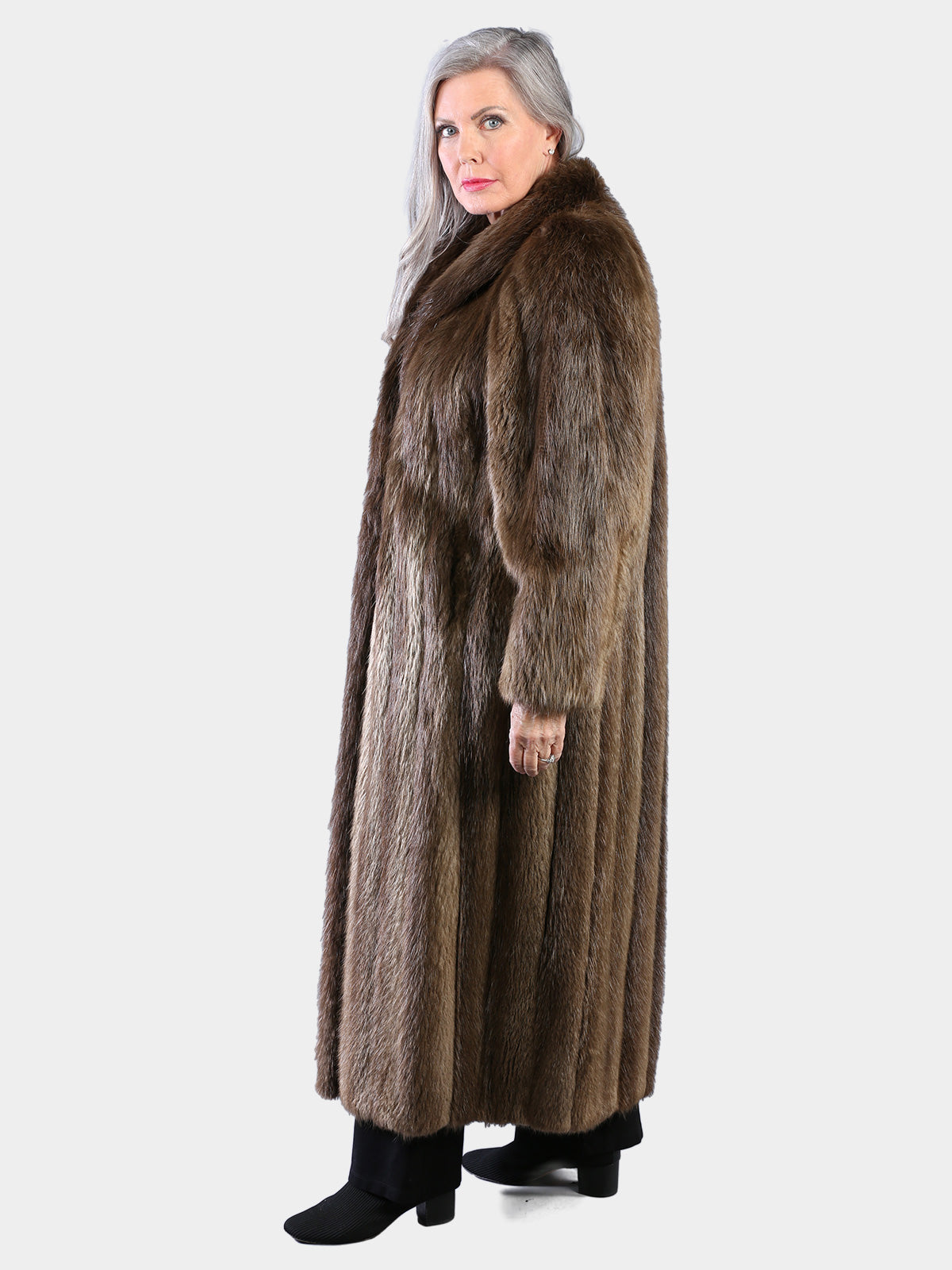 Woman's Natural Medium Tone Long Hair Beaver Fur Coat