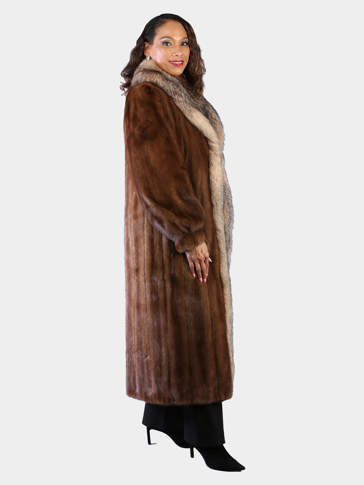Woman's Natural Lunaraine Mink Fur Coat with Crystal Fox Tuxedo Front