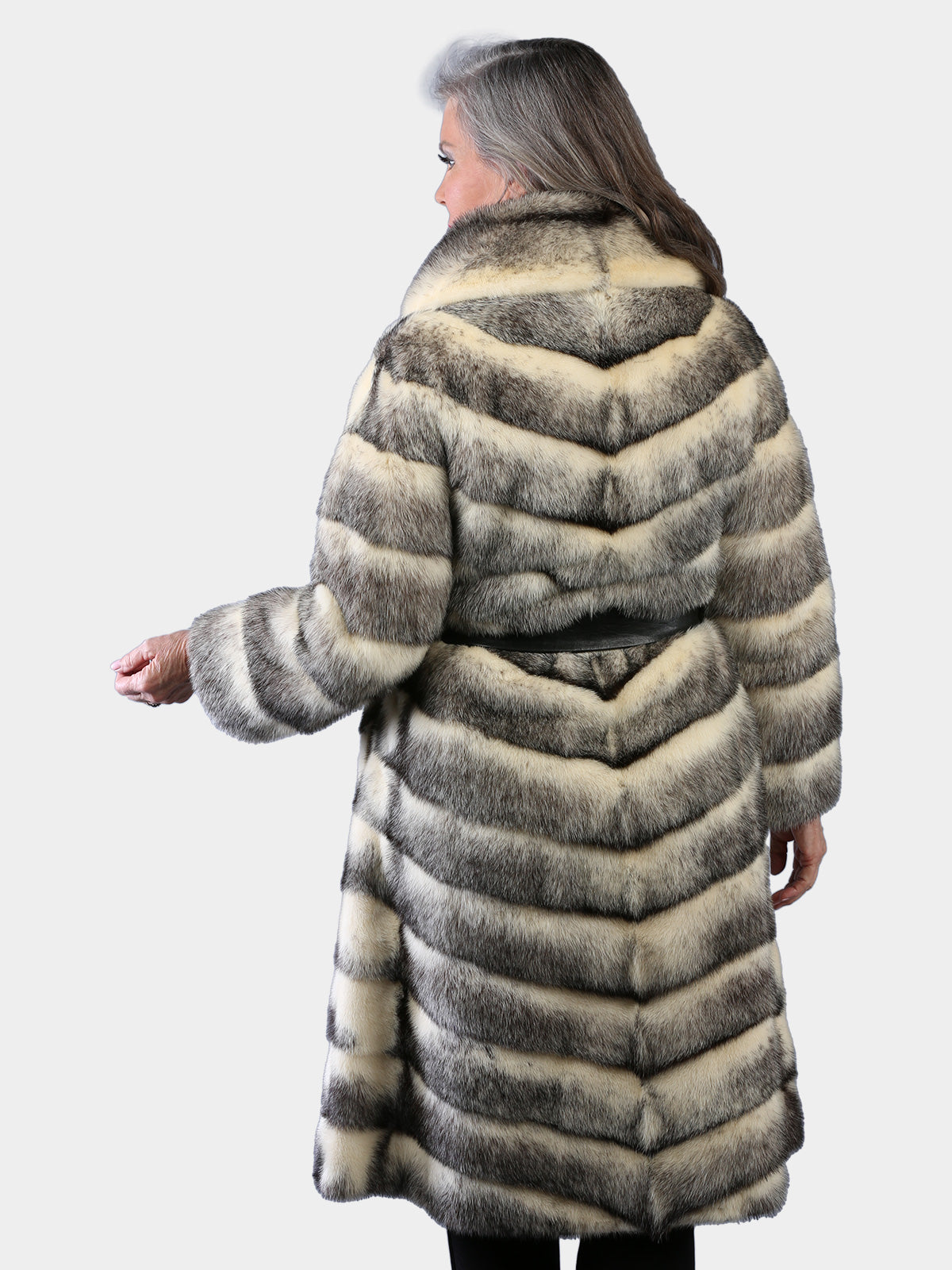 Woman's Vintage Natural Black Cross Female Mink Fur Coat with Leather Belt
