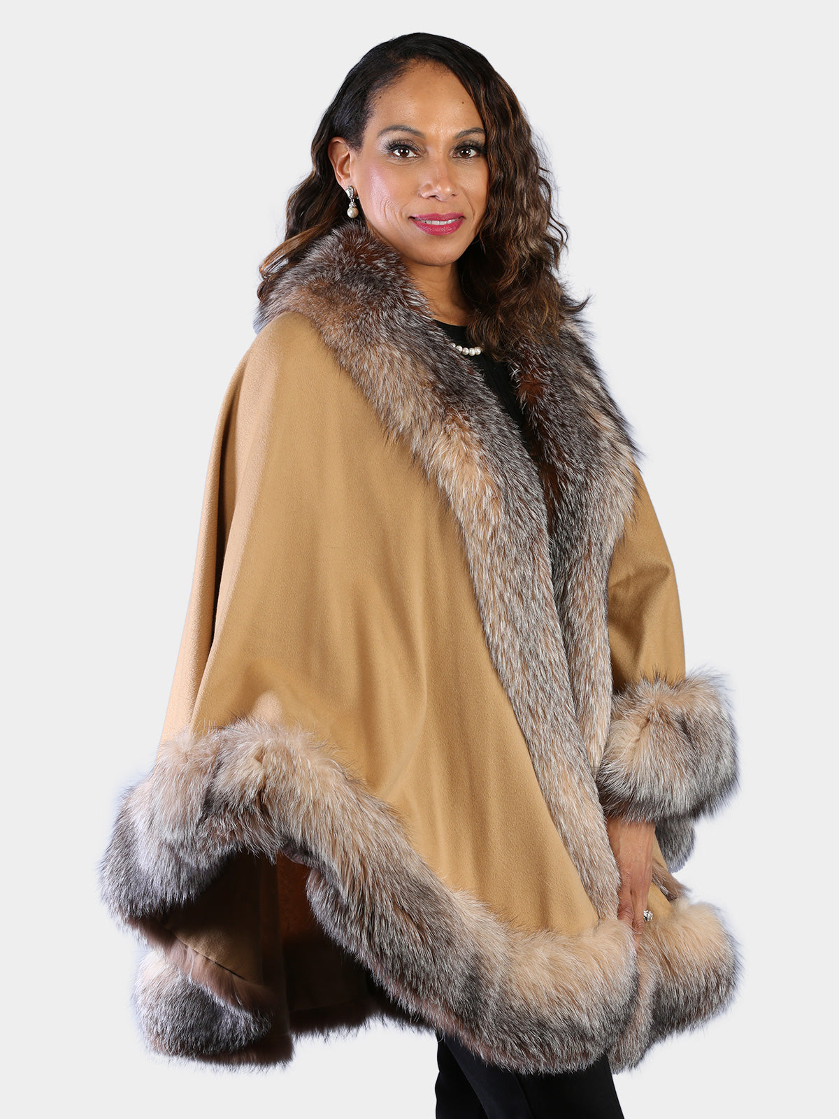 Woman's Gold Wool Cape with Crystal Fox Trim