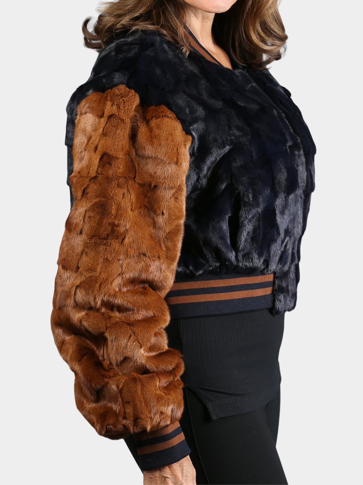 Women's Navy & Whiskey Mink Section Fur Jacket