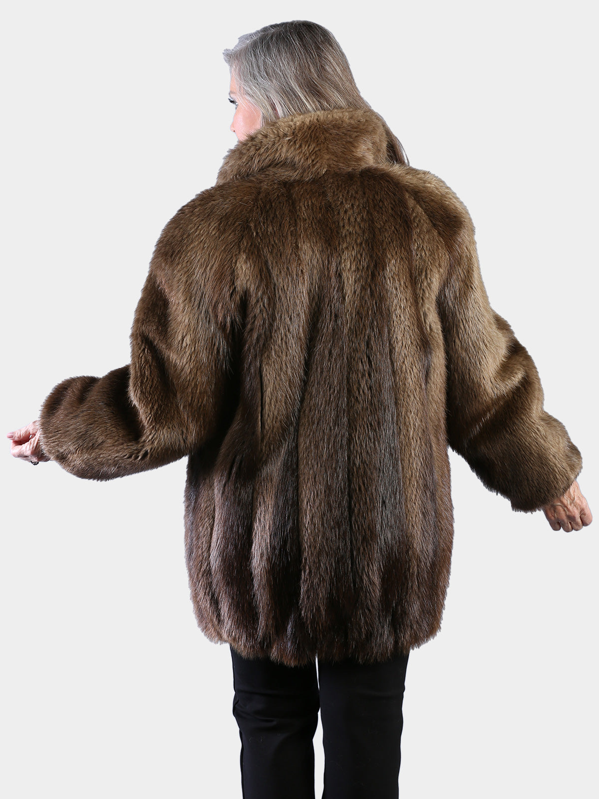 Woman's Natural Medium Tone Long Hair Beaver Jacket Reversing to Brown Leather