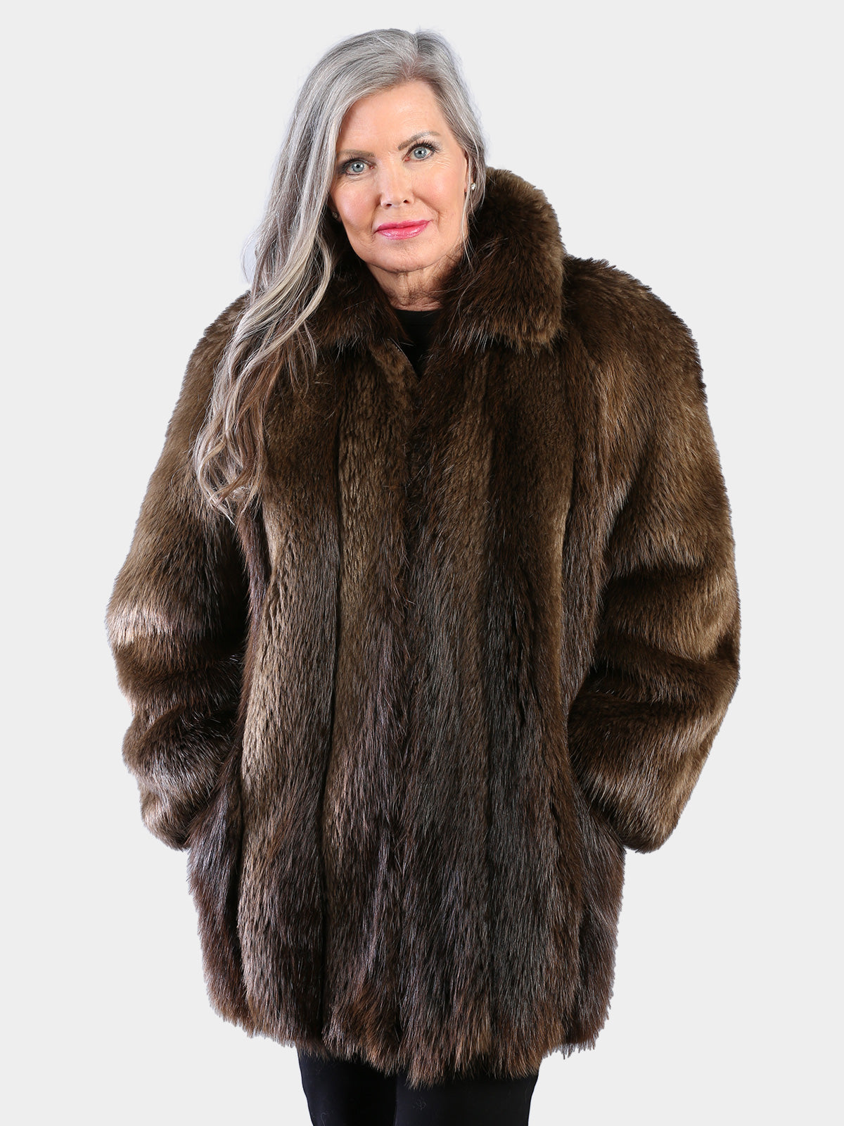Woman's Natural Medium Tone Long Hair Beaver Jacket Reversing to Brown Leather