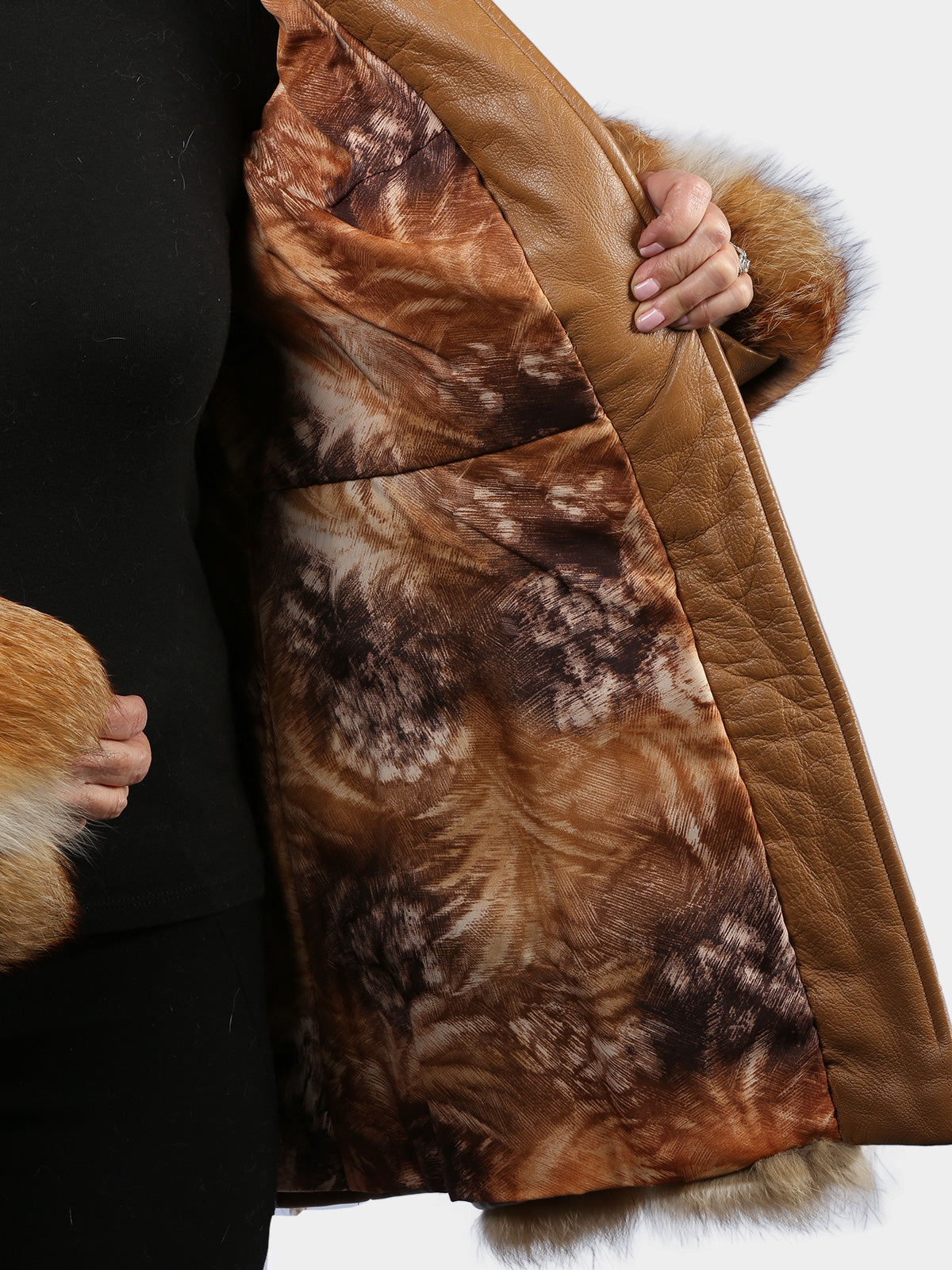 Woman's Natural Red Fox Fur Jacket with Leather Trim