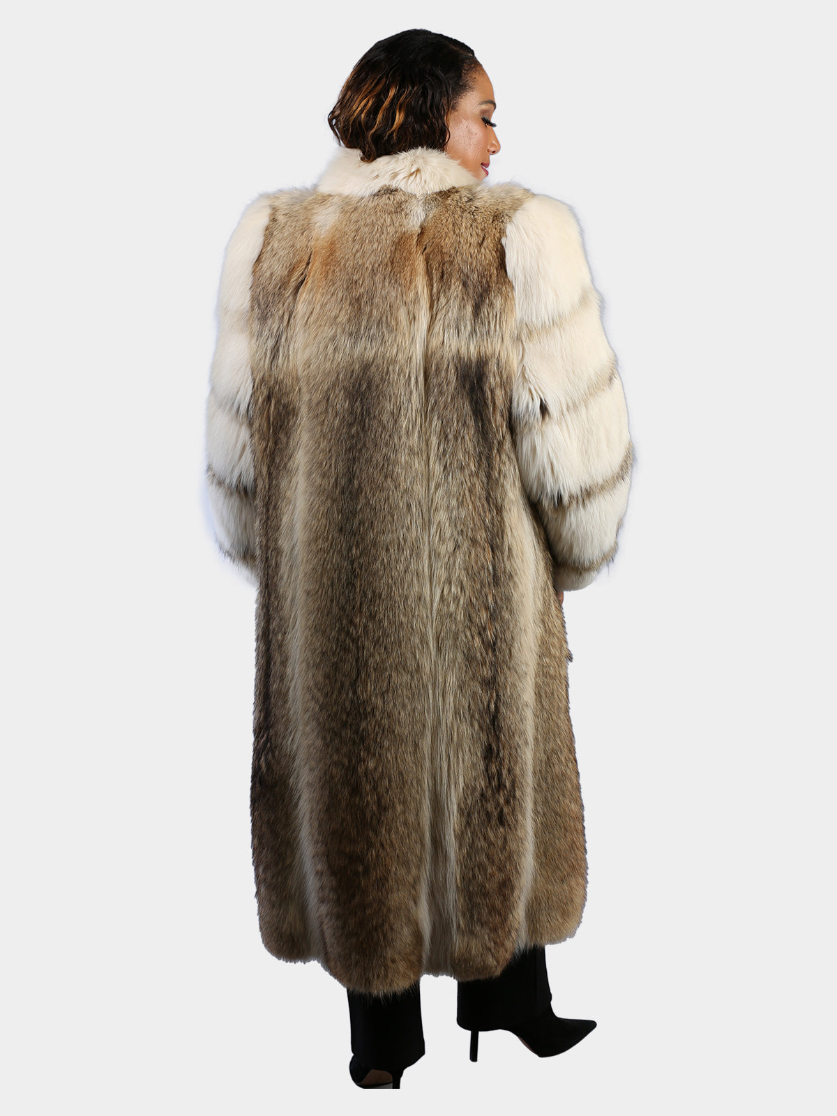 Woman's Natural Cayote Coat with Shadow Fox Tuxedo Front and Sleeves