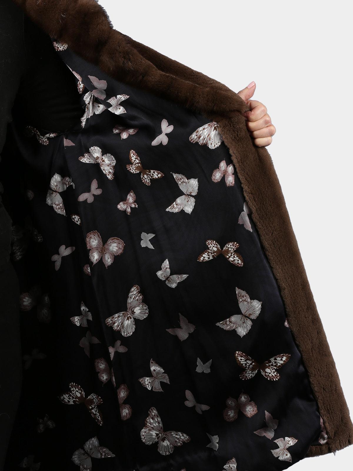 Woman's Light Brown Dyed Sheared Mink Fur Stroller with Traditional Mink Trim