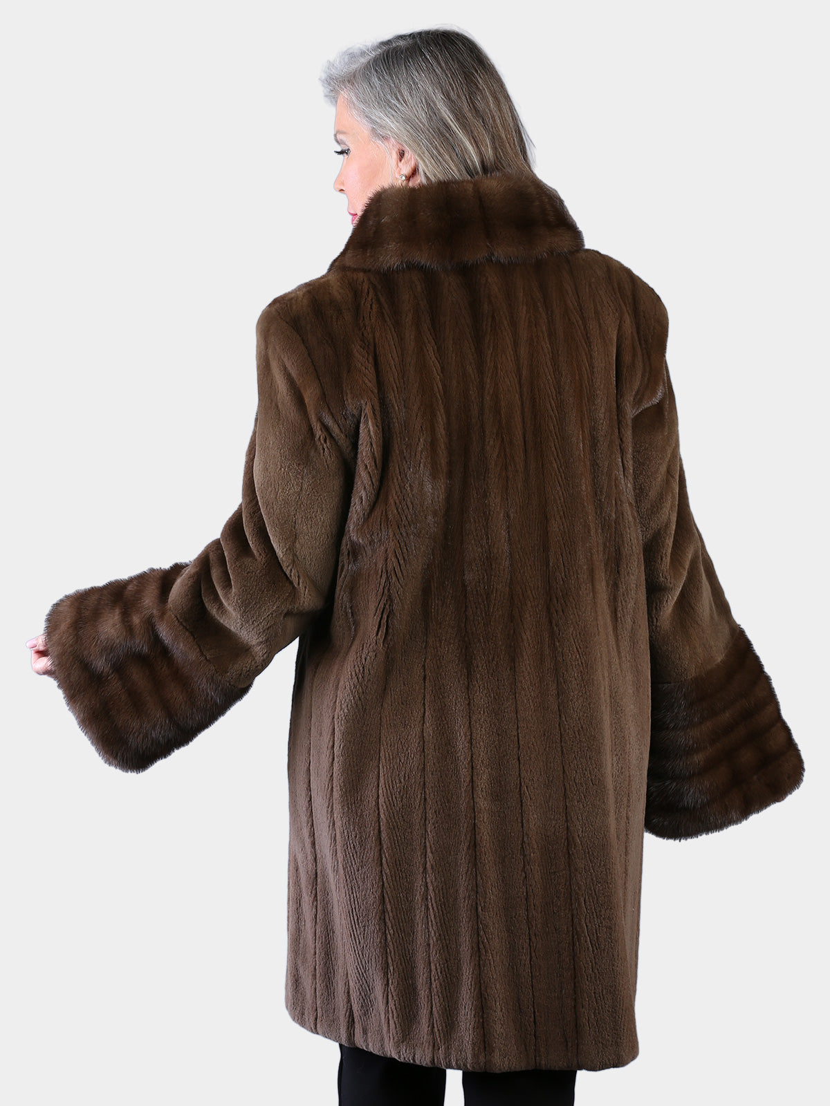Woman's Light Brown Dyed Sheared Mink Fur Stroller with Traditional Mink Trim