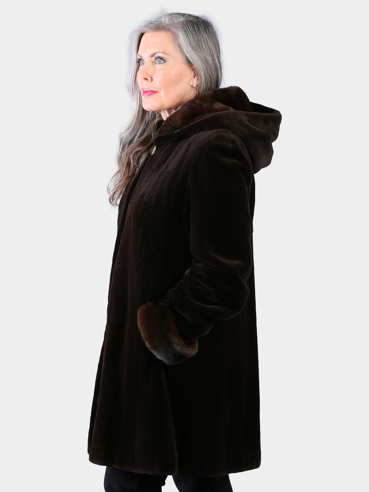 Woman's Dyed Brown Sheared Mink Fur Stroller with Hood