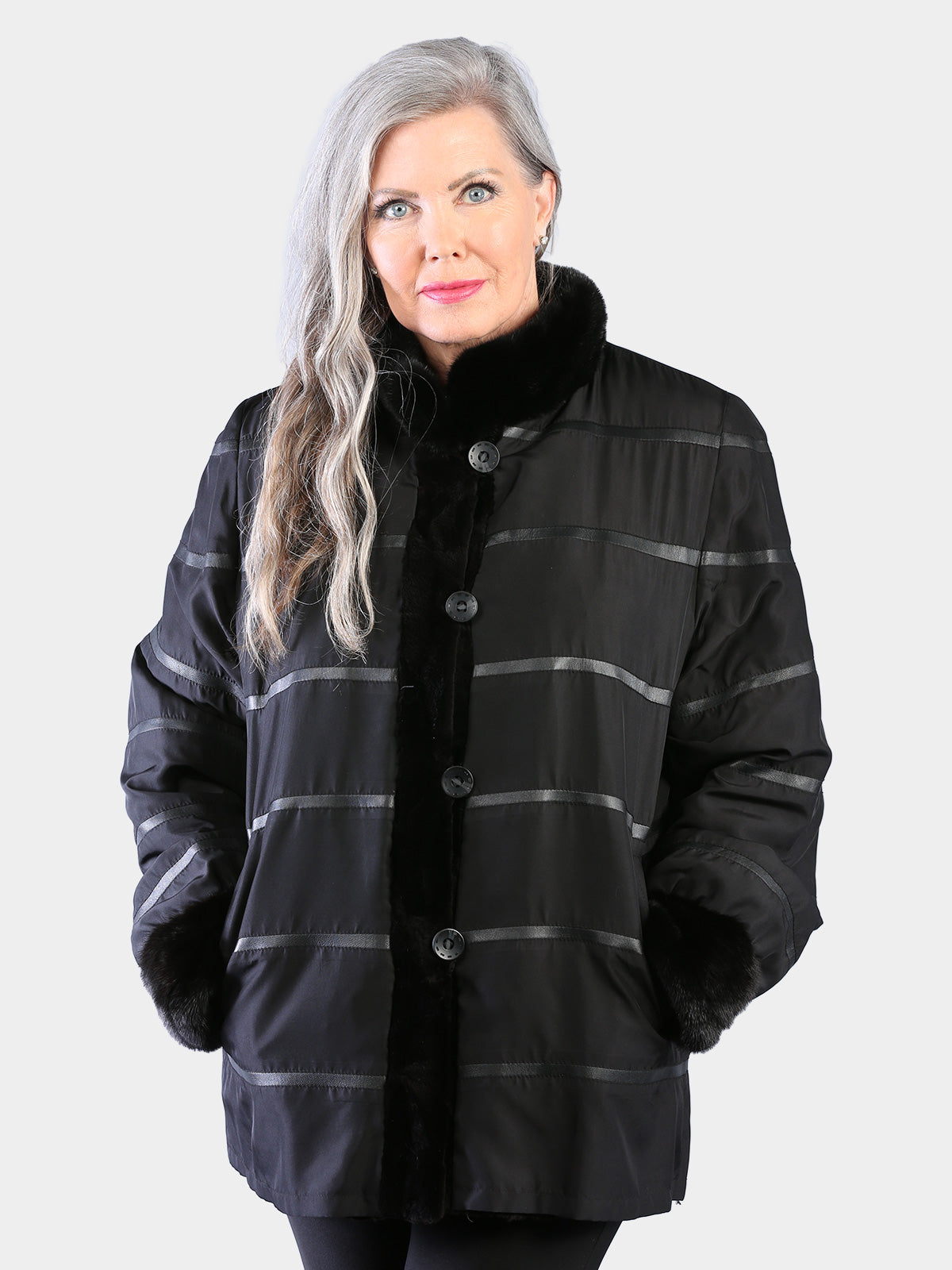 Woman's Dyed Black Sheared and Sculptured Mink Jacket Reversing to Rain Taffeta